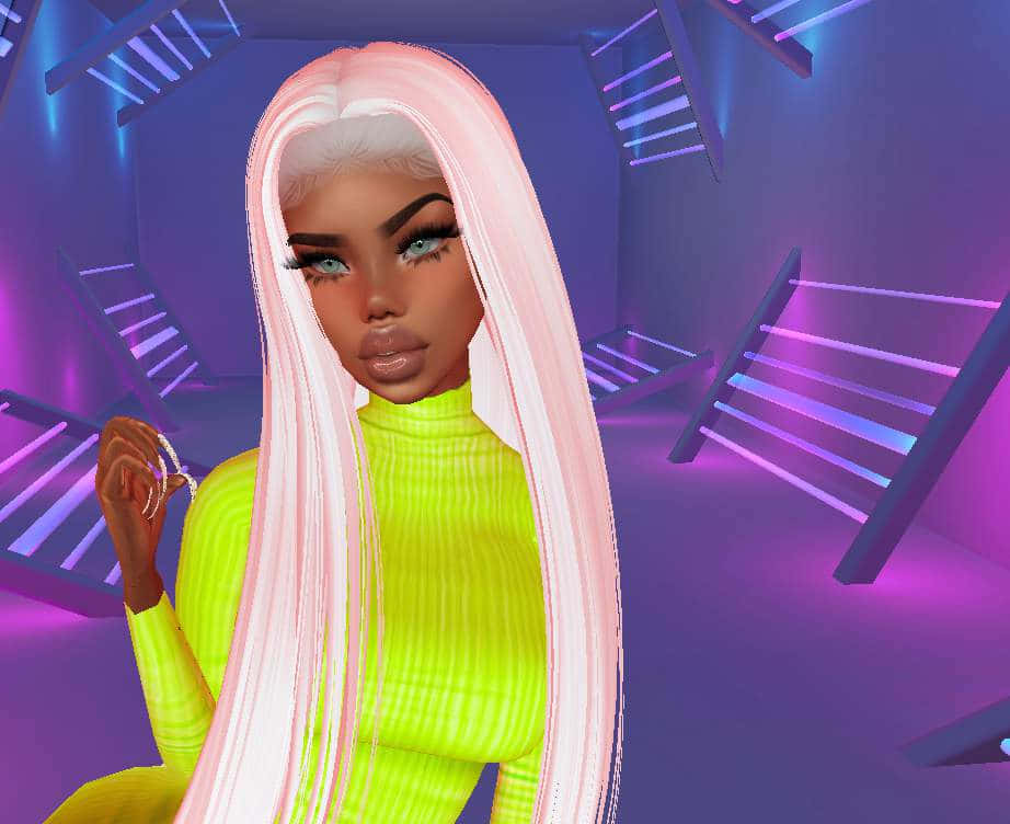 imvu 桌布 壁紙 — 一個擁有長粉紅色頭髮和螢光綠色上衣的數位虛擬角色，站在一個有浮動樓梯的超現實紫色房間裡。