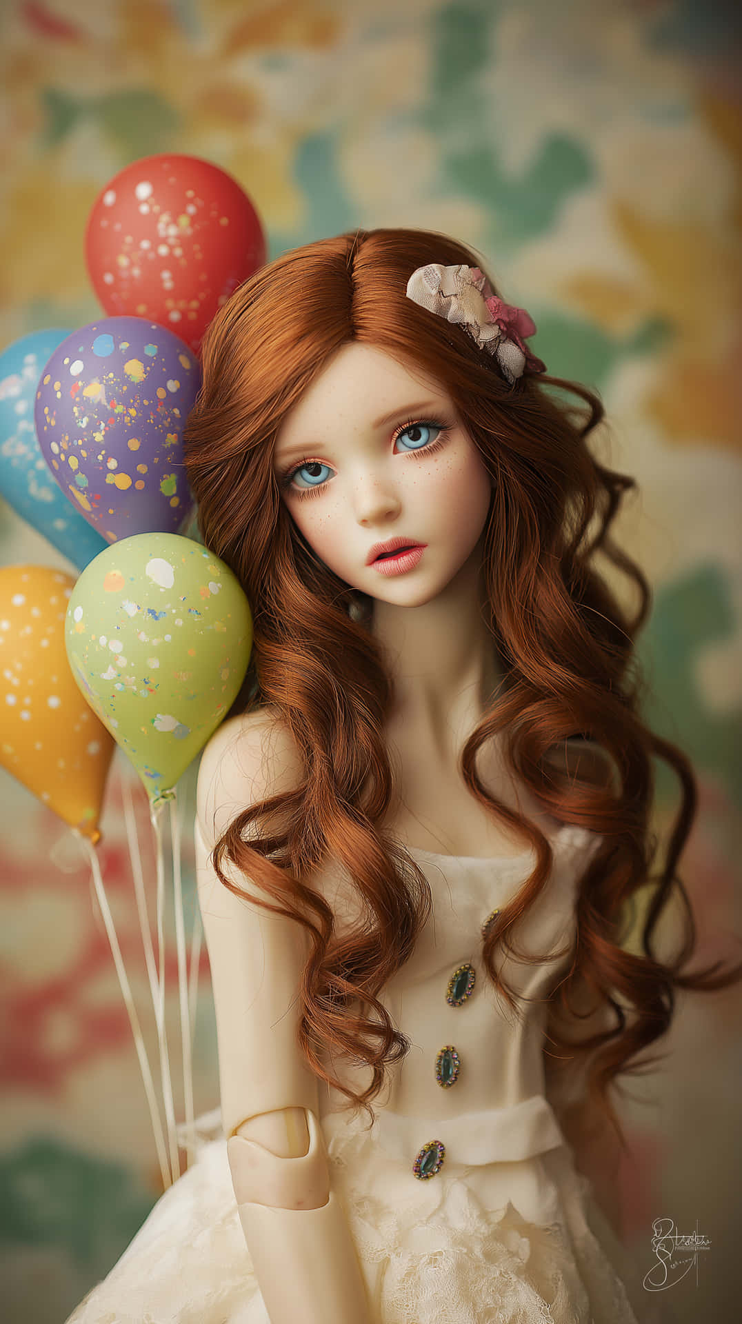 Cute Red-Haired Doll with Blue Eyes and Heart Balloons 壁紙 — 一個擁有長赤褐色頭髮和藍色眼睛的洋娃娃，在柔和的抽象背景前拿著色彩斑斕的斑點氣球。