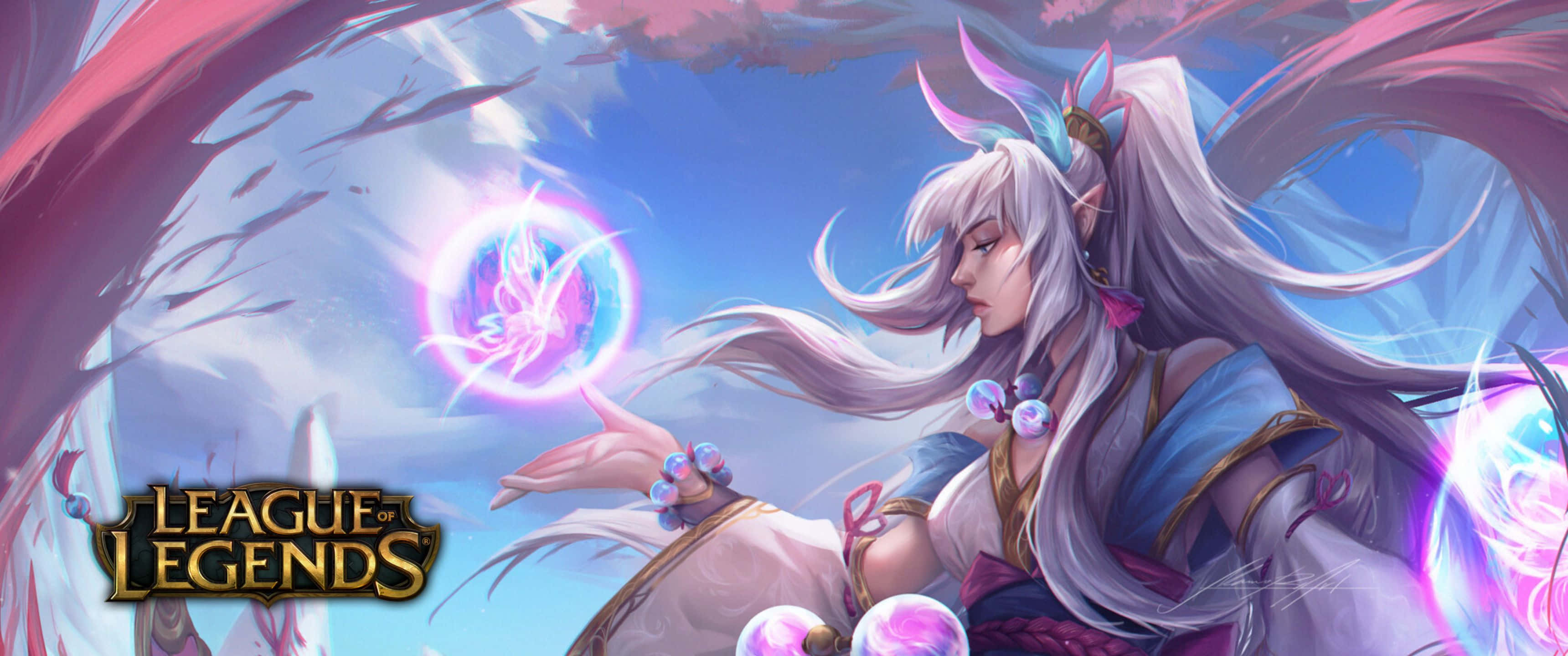 game 桌布 壁紙 — 一個擁有長銀髮的奇幻動漫角色，在旋轉的天空背景下釋放出發光的粉紅色魔法球。
