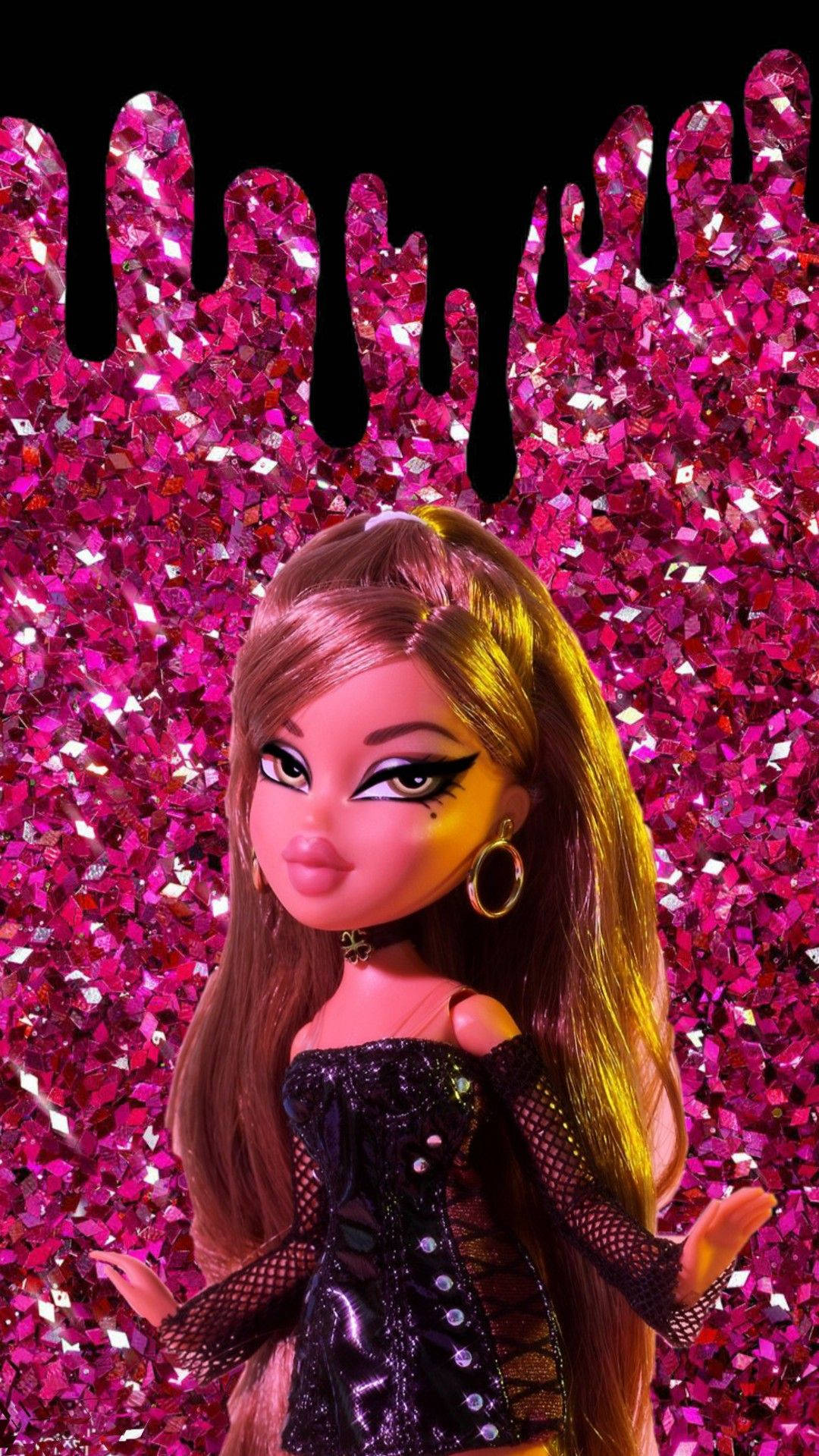 Bratz 桌布 壁紙 — 一個擁有長長棕色頭髮和誇張妝容的 Bratz 公仔，站在滴落粉紅閃粉背景前。