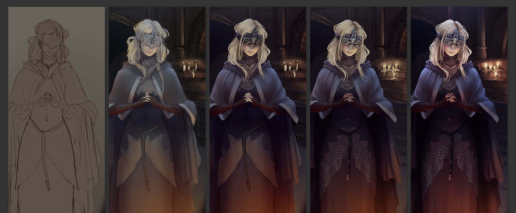 Fire Keeper 桌布 壁紙 — 一個擁有長長白髮和深色連帽長袍的角色，站在燭光哥德式大教堂中，從草圖到最終數位插圖的進展展示。