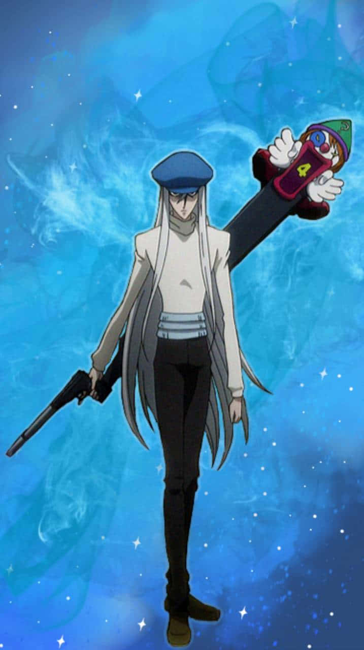 Hunter X Hunter Kite 桌布 壁紙 — 一個擁有長長白髮和藍色帽子的動漫角色，站在星光閃爍的藍色宇宙背景前，手持一把槍和一個大型玩具火箭。