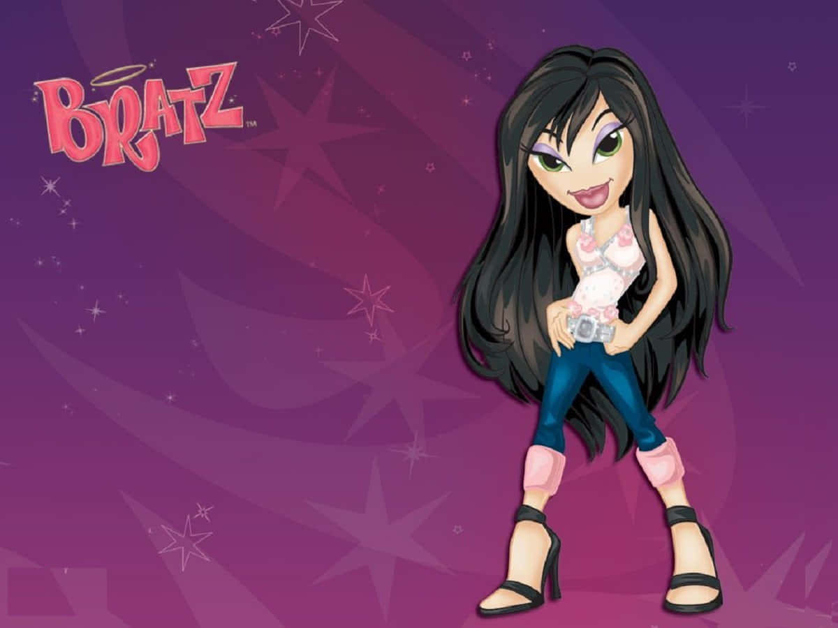 Bratz 桌布 壁紙 — 一個擁有長長黑髮和綠色眼睛的 Bratz 娃娃在紫色星空背景前自信地擺姿勢。