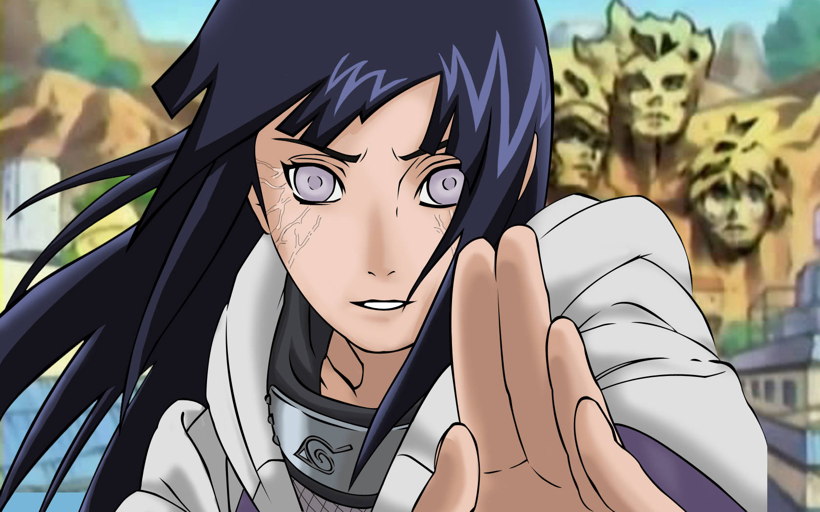 Hinata Hyuga 桌布 壁紙 — 一個擁有長黑髮和紫色眼睛的動漫角色，在模糊的村莊背景前，雙手向前伸出，背景中有石頭面孔。