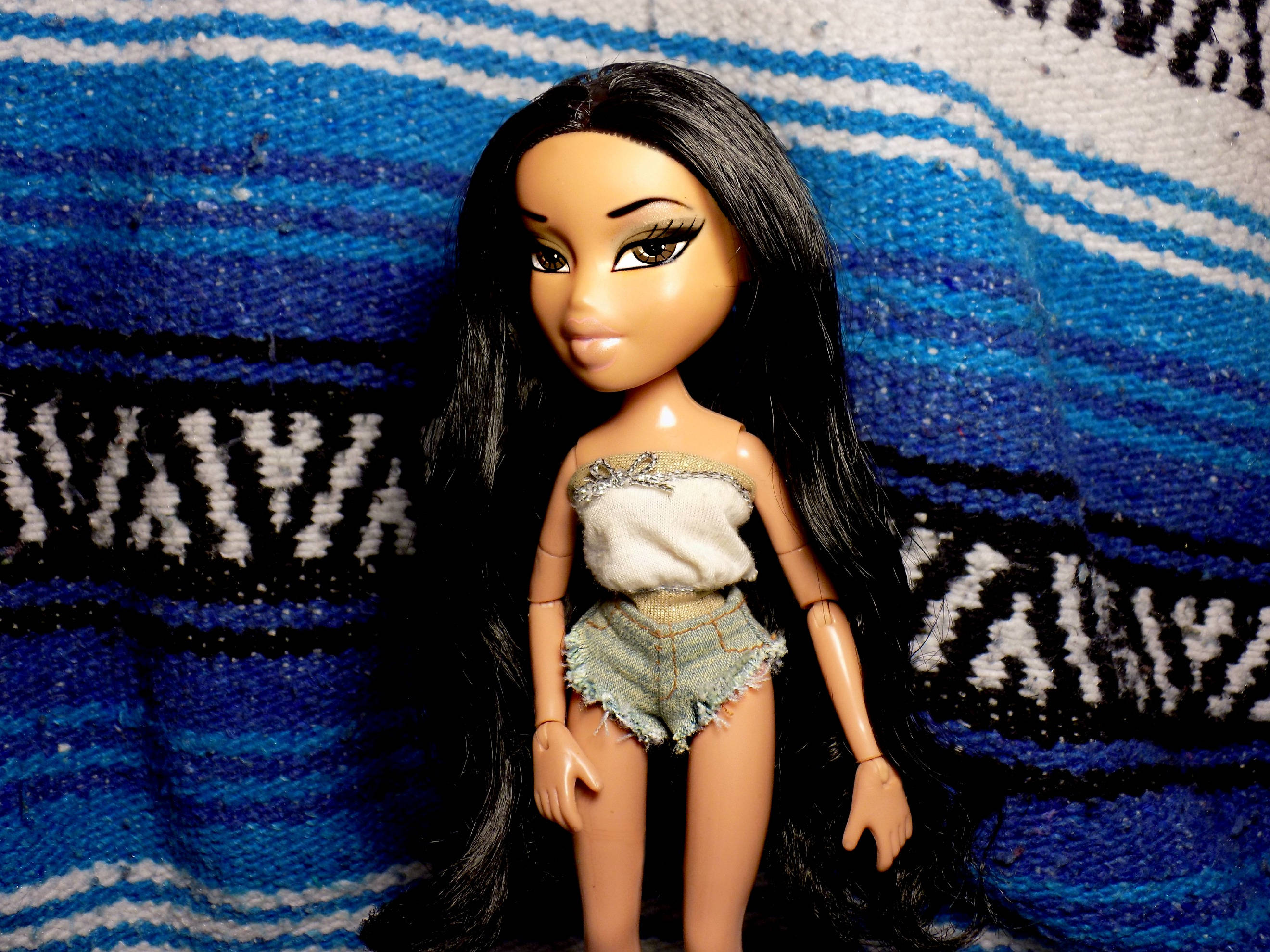 bratz 美學 桌布 壁紙 — 一個擁有長黑髮和閃亮上衣的Bratz娃娃，站在充滿活力的藍白圖案紡織背景前。