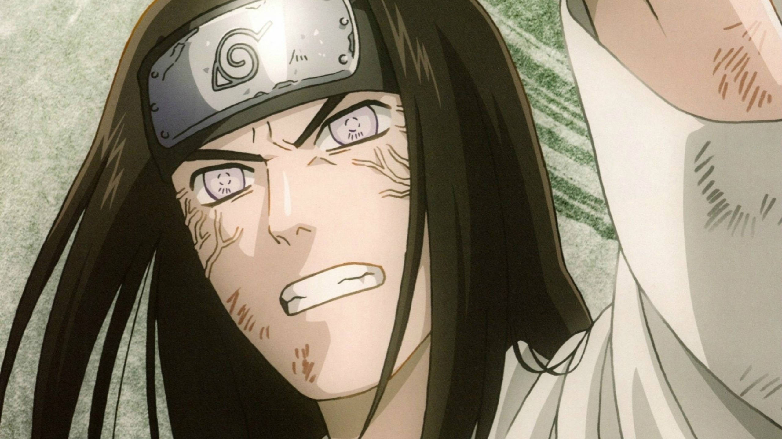 Neji 桌布 壁紙 — 一個擁有長黑髮和頭帶的動漫角色，用發光的眼睛和臉部疤痕強烈地凝視著。