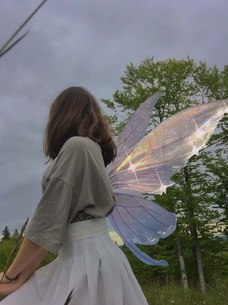 仙女美學 桌布 壁紙 — 一個擁有閃爍半透明仙子翅膀的人站在草地田野中，背景是陰天和樹木。
