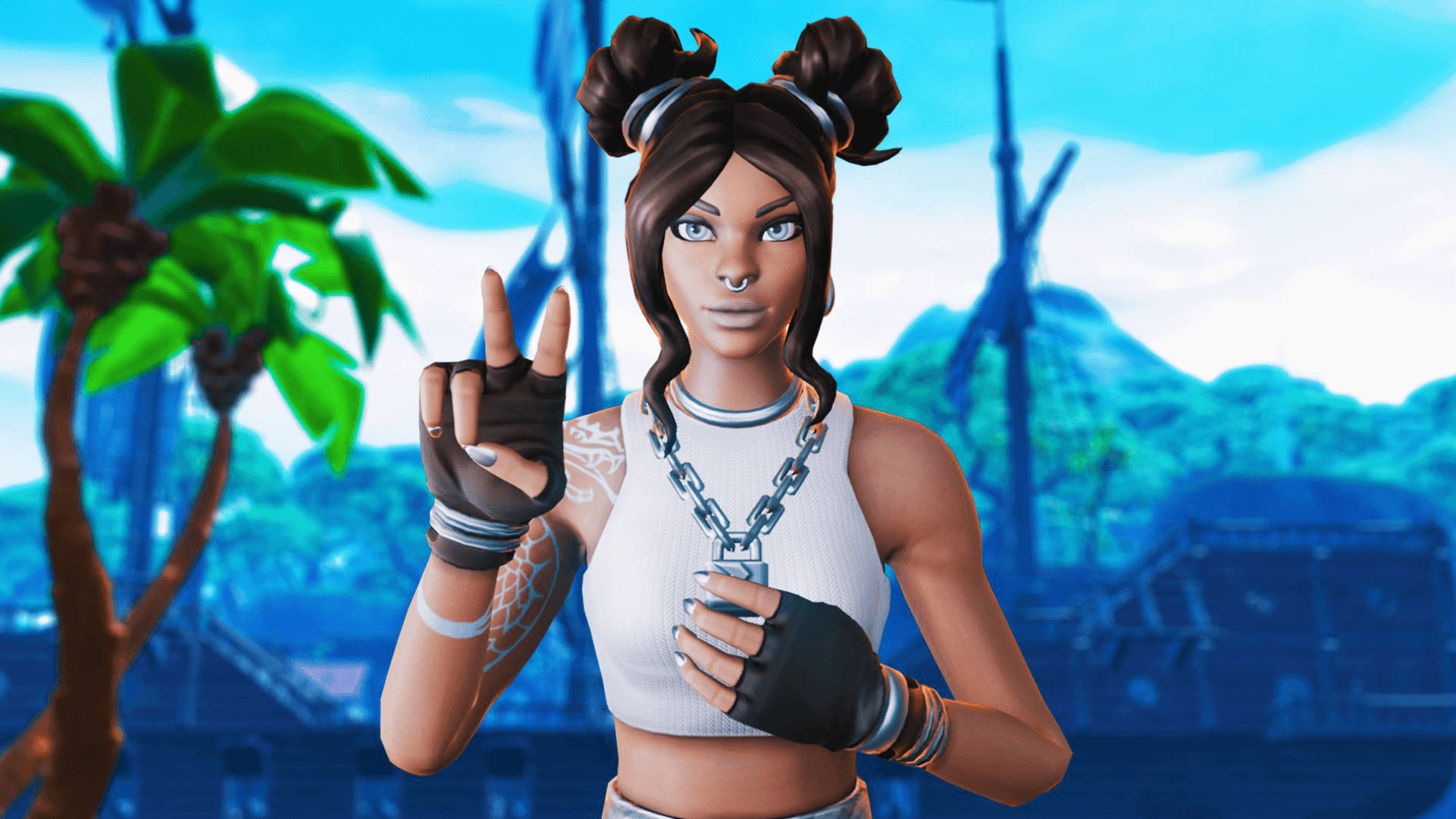 電玩遊戲 桌布 壁紙 — 一個擁有雙丸子頭和紋身的Fortnite角色，在棕櫚樹和藍色山脈的熱帶環境中自信地擺姿勢。