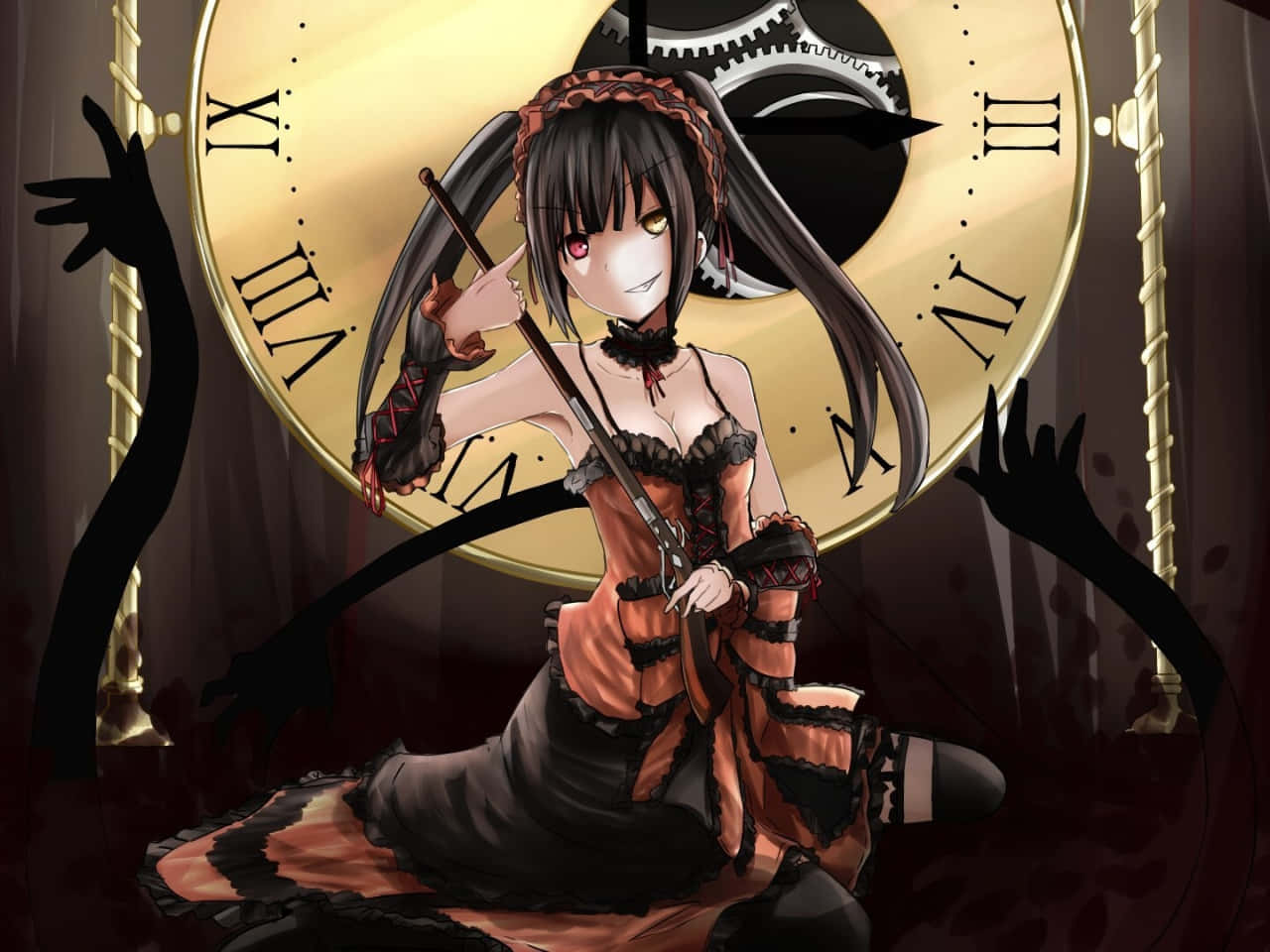 Date A Live 桌布 壁紙 — 一個擁有雙色眼睛的哥德式動漫女孩坐在一個巨大的時鐘前，手持剪刀，陰影般的手從兩側伸來。