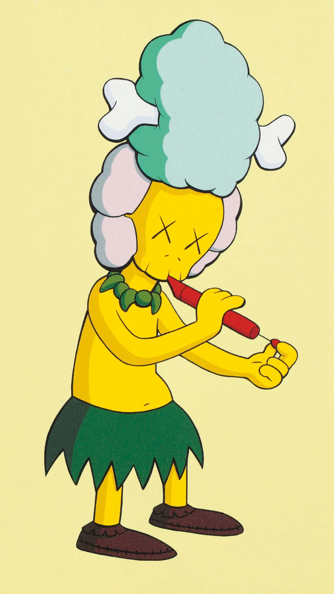 Kaws The Simpsons 桌布 壁紙 — 一個擁有雲朵般頭部的卡通角色，穿著綠色裙子及葉子項鍊，正在吹奏紅色長笛。
