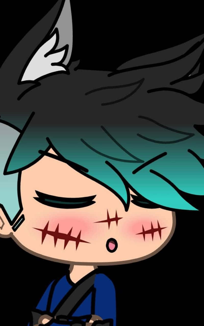 Cute Gacha Life Boy 桌布 壁紙 — 一個擁有青綠色頭髮和狼耳朵的Q版動漫角色，在黑色背景前展現縫合的臉頰和驚訝的表情。