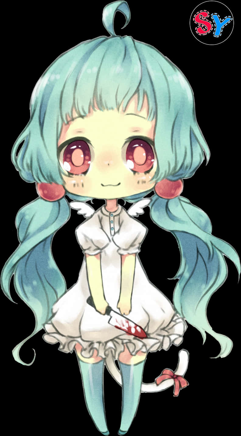 Anime Chibi 桌布 壁紙 — 一個擁有青綠色頭髮和紅色眼睛的Q版動漫女孩，穿著白色連衣裙和天使翅膀，手持一把血淋淋的刀。