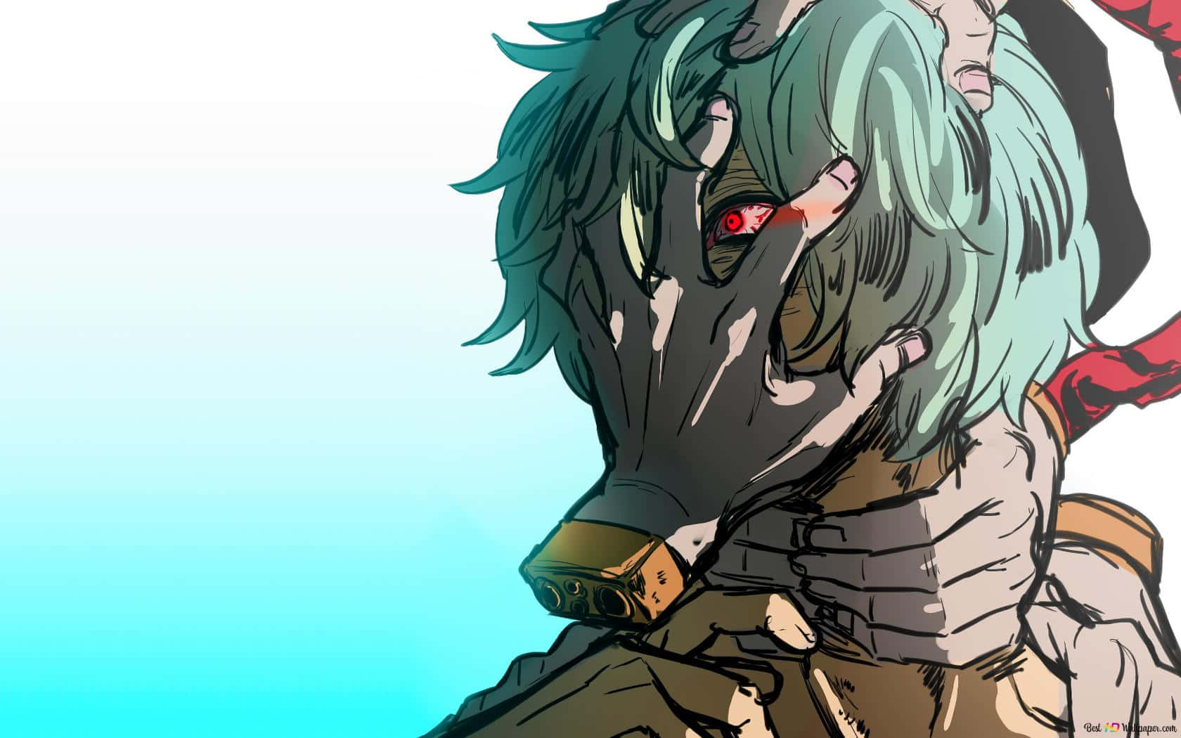 Tomura Shigaraki 桌布 壁紙 — 一個擁有青綠色頭髮和紅色眼睛的動漫角色，戴著手套的手遮住臉，背景是漸變藍色。