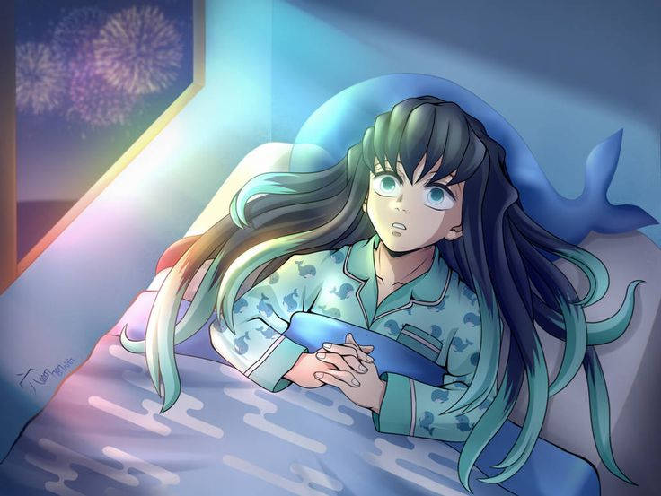 穿著睡衣的動漫女孩對夜晚透過窗戶可見的煙火感到驚訝。 — 太陽 GIF 壁紙