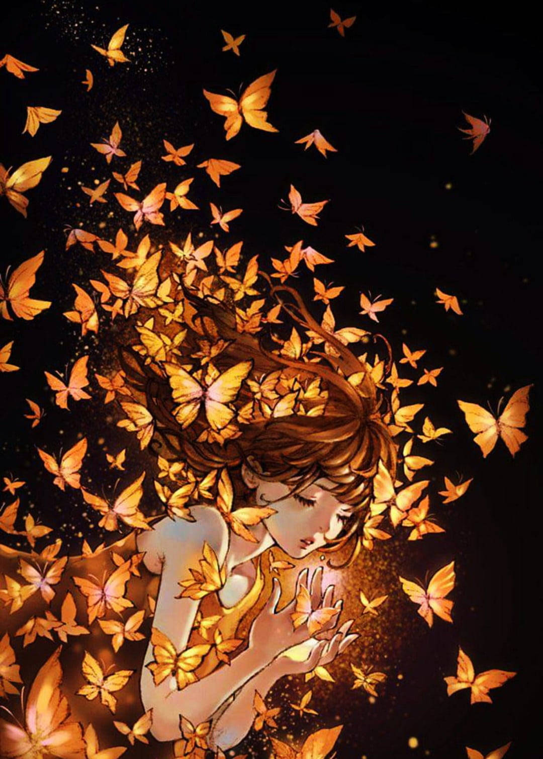 棕色頭髮的女孩在黑暗空間中被發光的金色蝴蝶包圍。 — 蝴蝶美學 GIF 壁紙