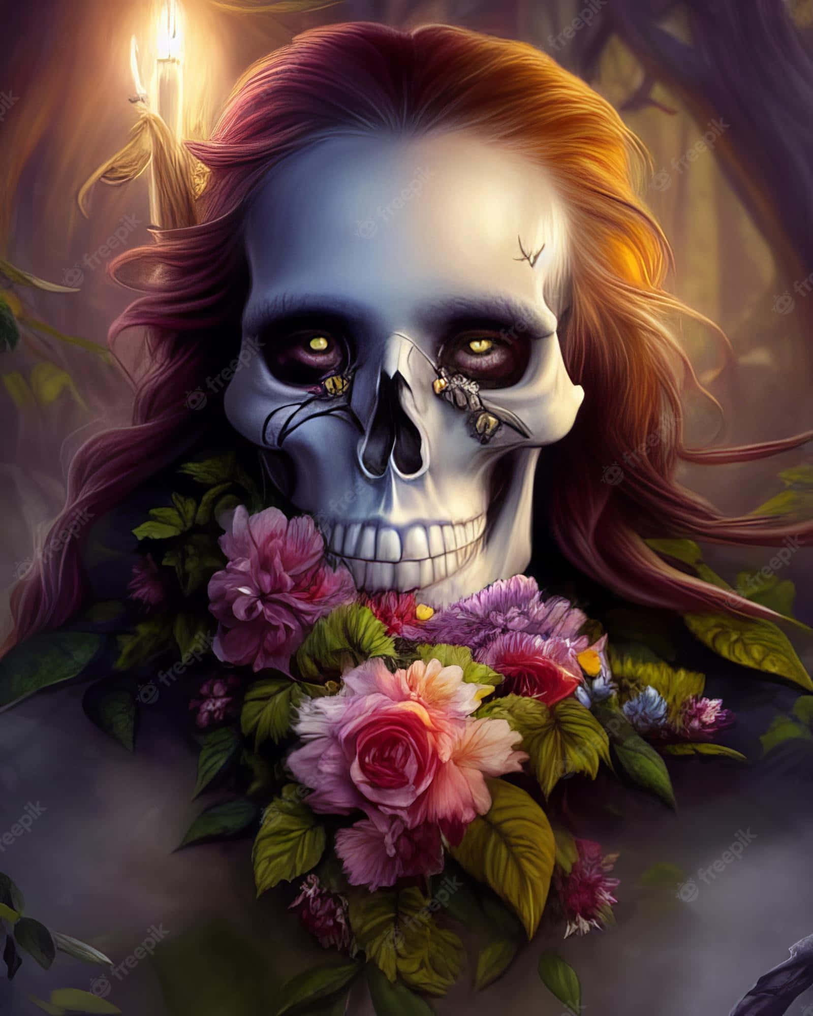 Sugar Skull Phone 桌布 壁紙 — 一個擁有飄逸紅髮和發光眼睛的骷髏，在霧氣森林的燭光下捧著一束鮮豔的粉紅色和紫色花朵。