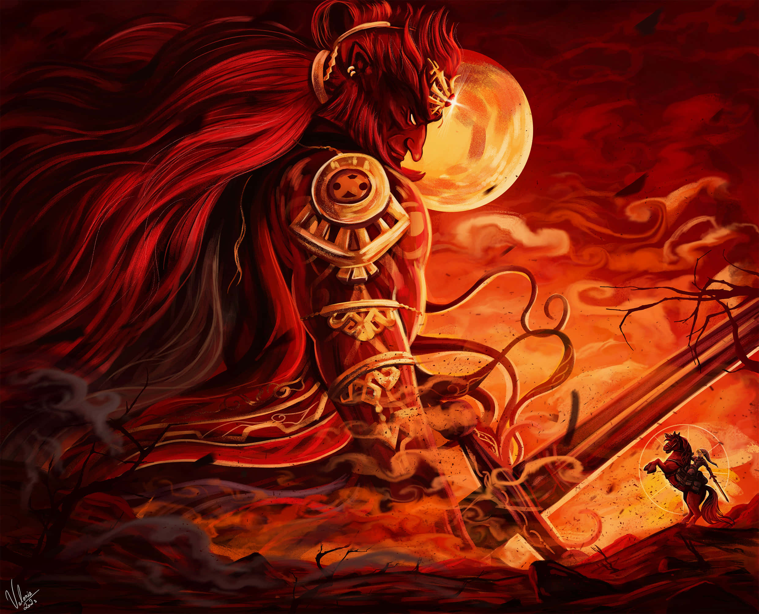 Ganondorf 桌布 壁紙 — 一個擁有飄逸紅髮和華麗盔甲的惡魔戰士，站在一個熾熱、末日般的景觀中，面對著發光的橙色月亮。