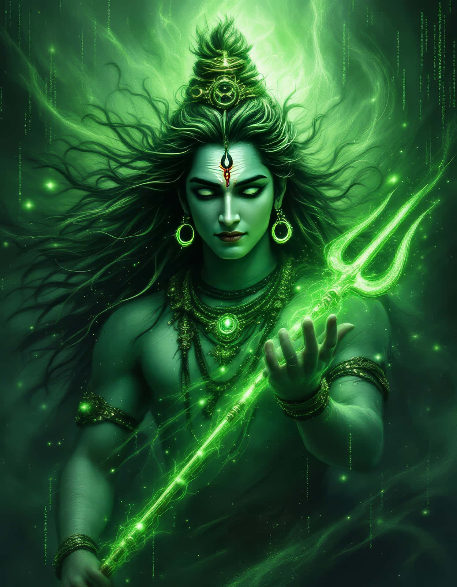 4K Mahadev wallpaper 壁紙 — 一個擁有飄逸綠髮和發光三叉戟的神聖人物，在旋轉的綠色宇宙背景下散發著神秘能量。