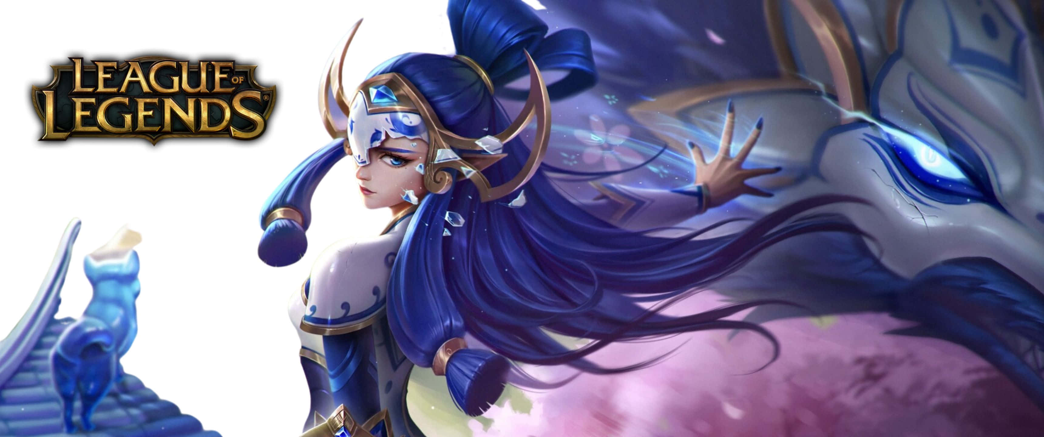 Gaming Banner 桌布 壁紙 — 一個擁有飄逸藍色頭髮和華麗盔甲的《英雄聯盟》角色，站在一條神秘龍旁邊，背景是發光的宇宙。