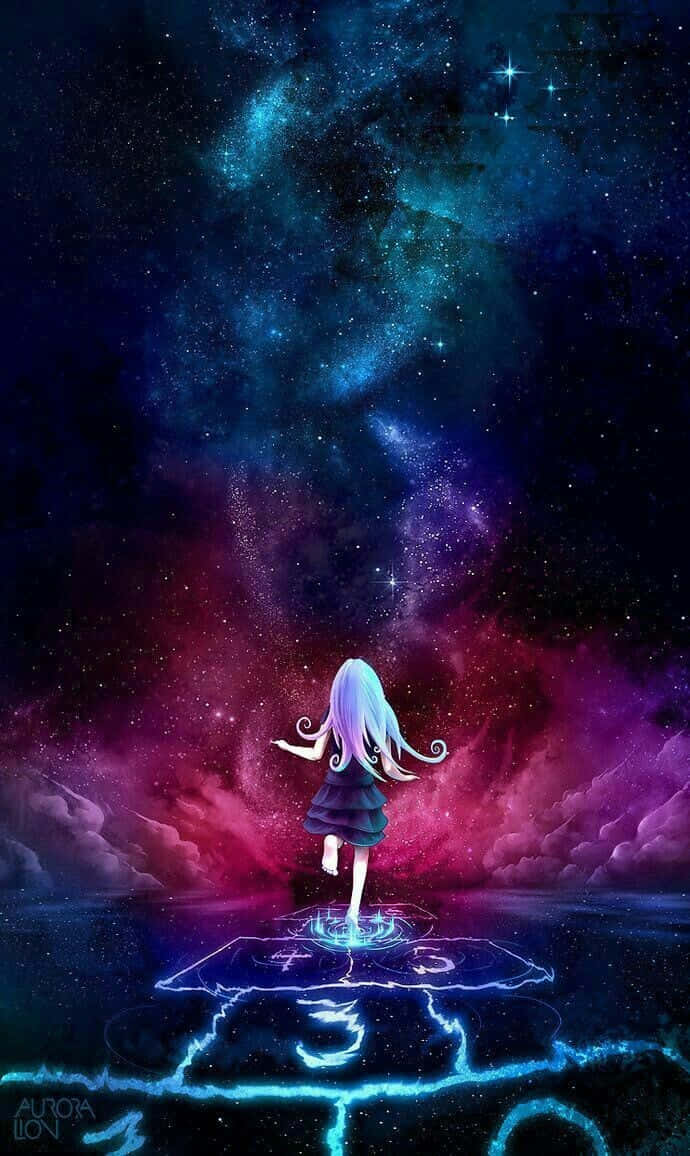 動漫 桌布 壁紙 — 一個擁有飄逸藍色頭髮的年輕女孩站在發光的符文上，下方是充滿旋轉星雲和星星的充滿活力的宇宙天空。