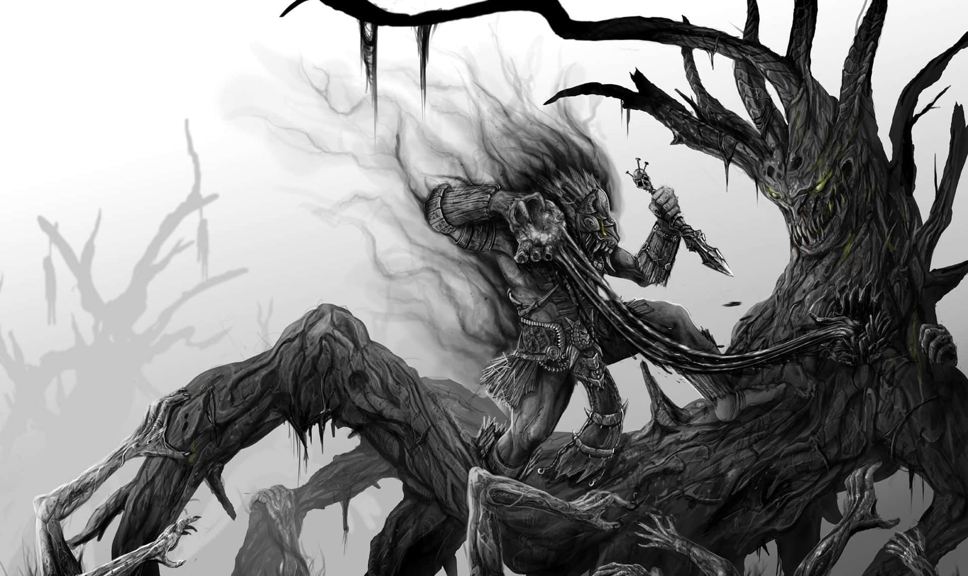 惡魔動圖 桌布 壁紙 — 一個擁有骷髏特徵和流動黑煙的怪物戰士，與一個擁有發光眼睛的怪誕樹狀生物戰鬥。