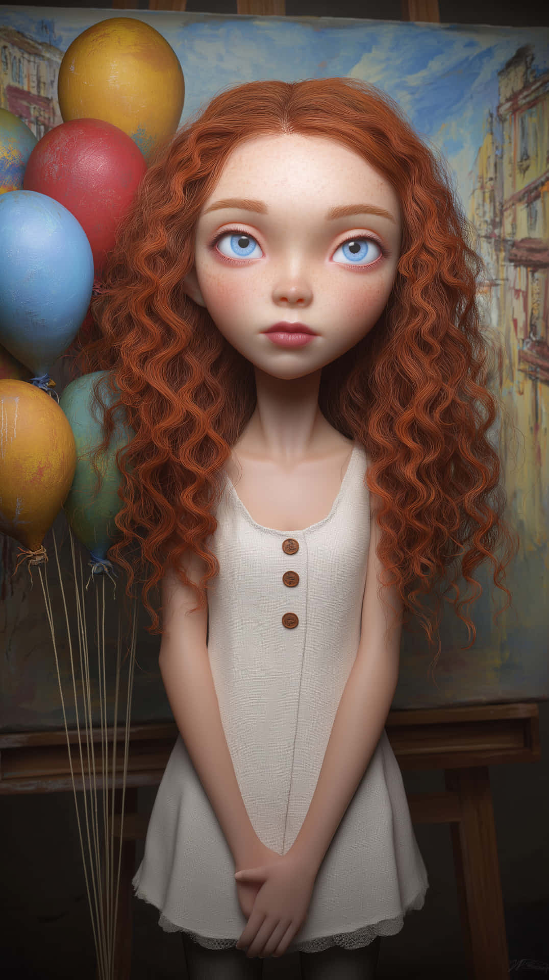 Cute Doll with Red Hair, Blue Eyes, and Balloons Portrait 壁紙 — 一個擁有鮮紅色捲髮和藍色眼睛的小女孩站在畫架前，手持彩色氣球，風格如畫。