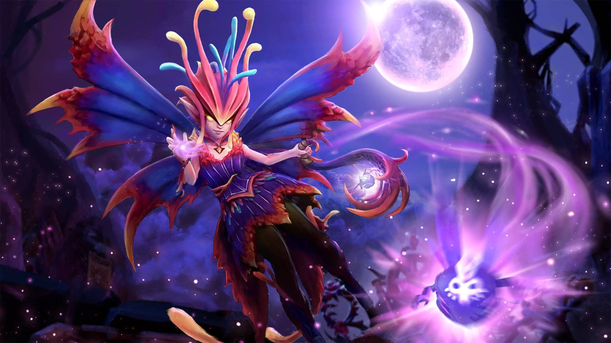 Dota 2 桌布 壁紙 — 一個擁有鮮豔紫色和紅色翅膀的奇幻角色，在黑暗森林中的滿月下施展發光的魔法。