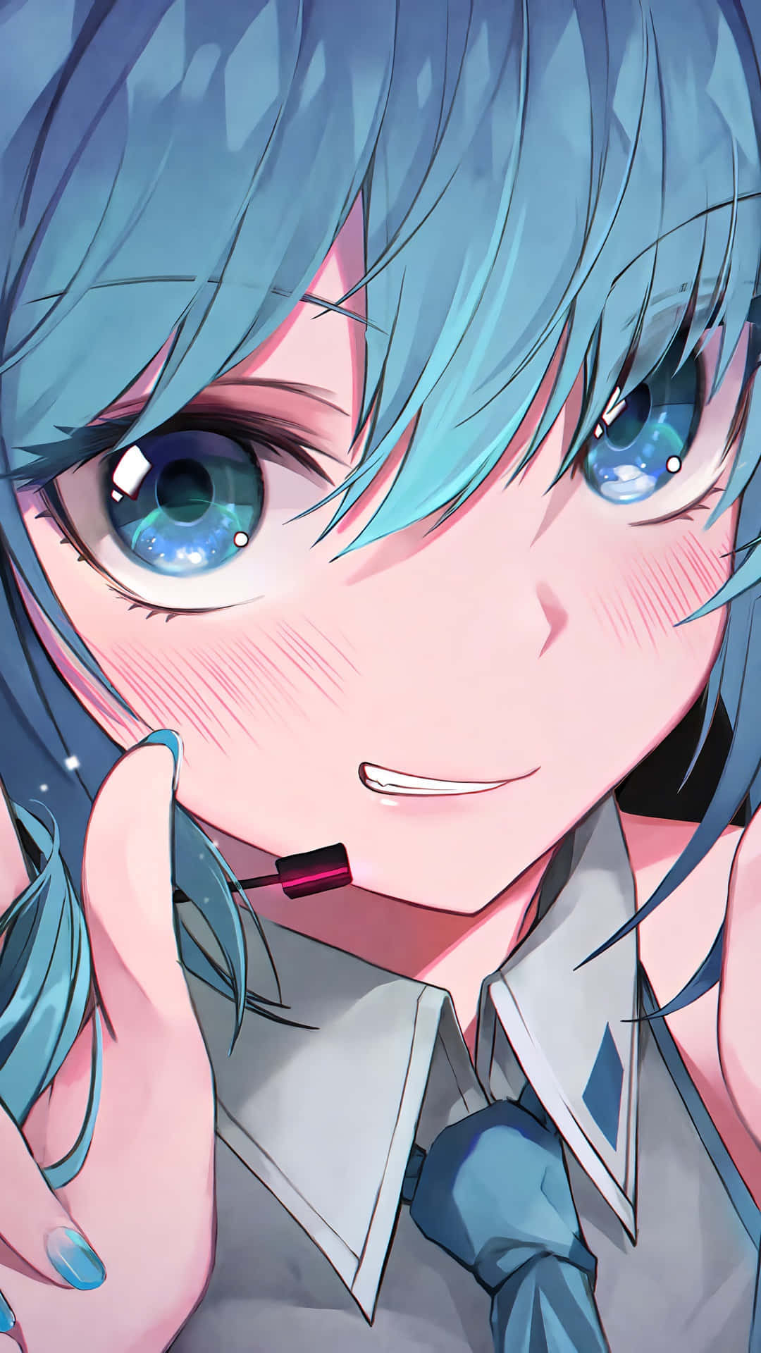 Hatsune Miku 桌布 壁紙 — 一個擁有鮮豔藍色頭髮和閃亮眼睛的動漫女孩特寫，微笑著拿著一支唇膏。