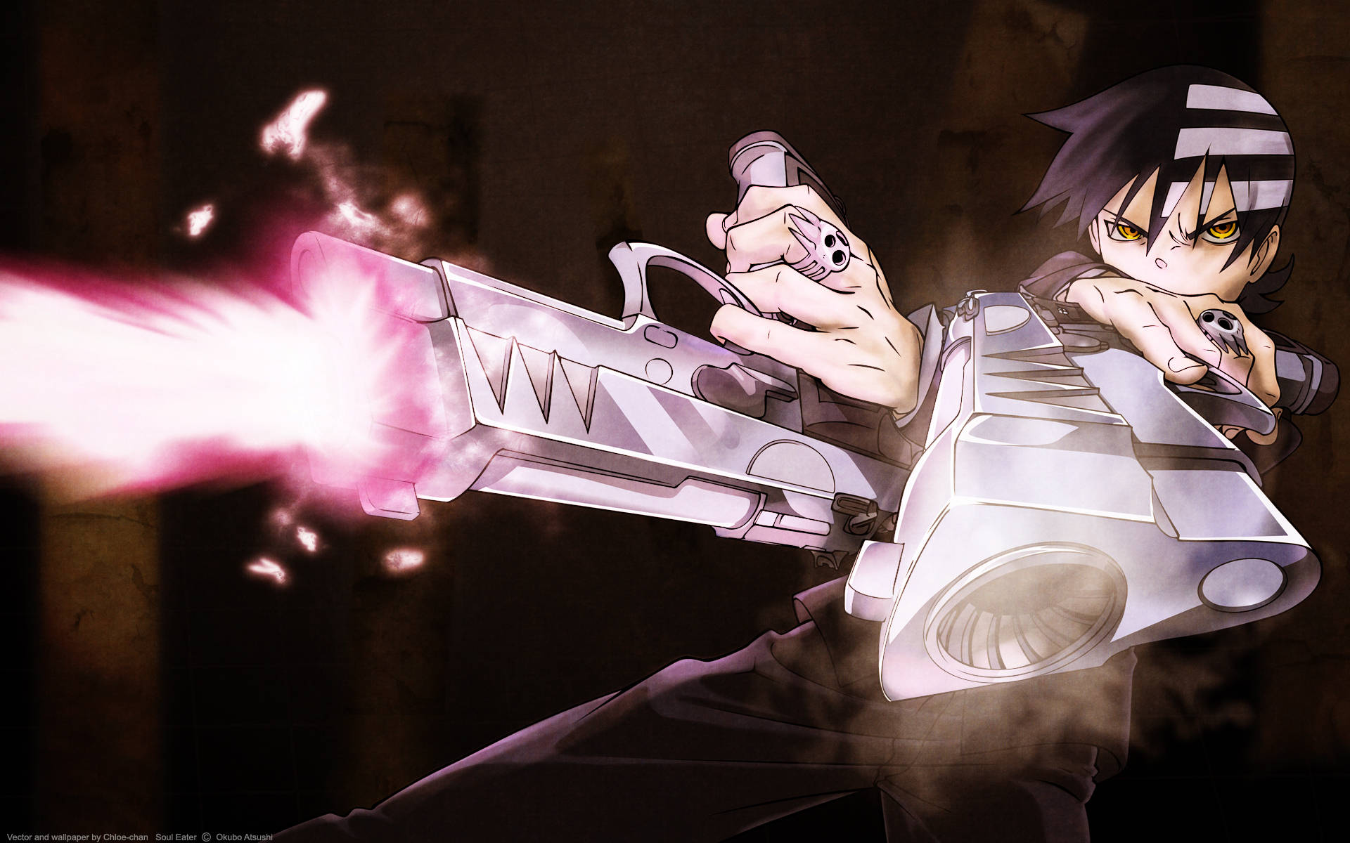 Soul Eater Characters 桌布 壁紙 — 一個擁有黑白頭髮的動漫角色在黑暗粗糙的場景中發射發光的粉紅色能量武器。