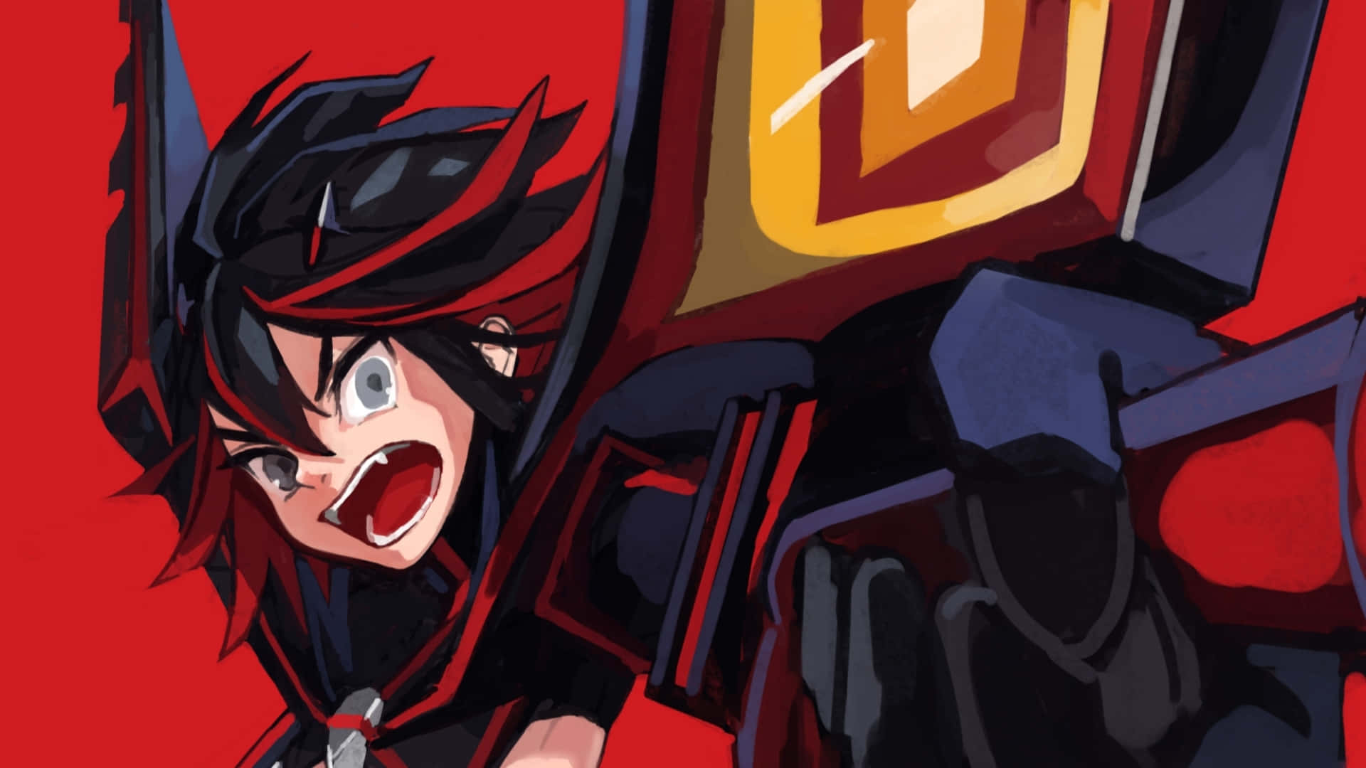 Kill La Kill Senketsu 桌布 壁紙 — 一個擁有黑色和紅色頭髮的動漫角色在機械機器人旁邊激烈地大喊，背景是鮮豔的紅色。