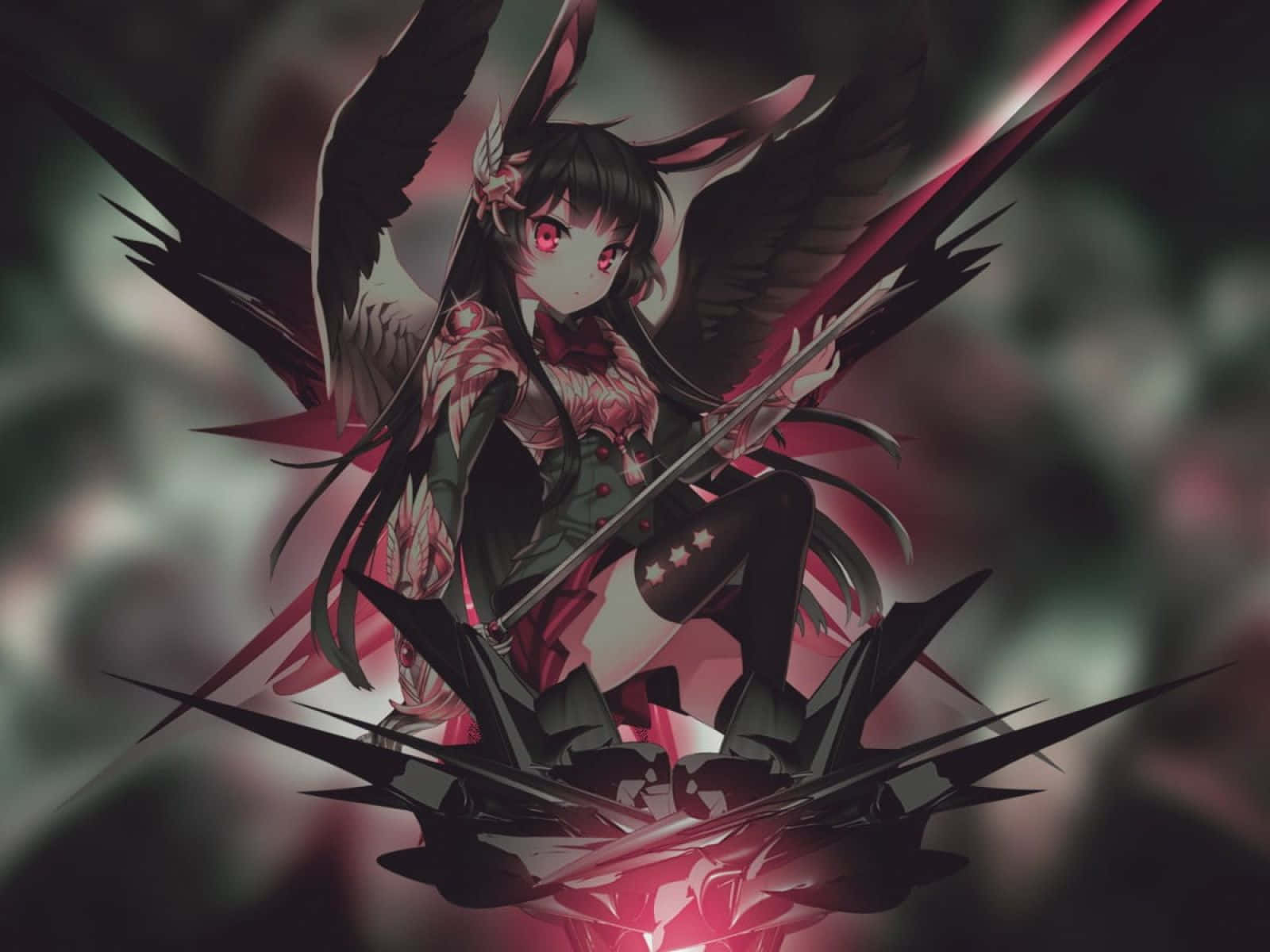 Anime Girl Black Hair 桌布 壁紙 — 一個擁有黑色翅膀和紅色眼睛的動漫女孩，在黑暗煙霧背景中握著一把發光的劍。