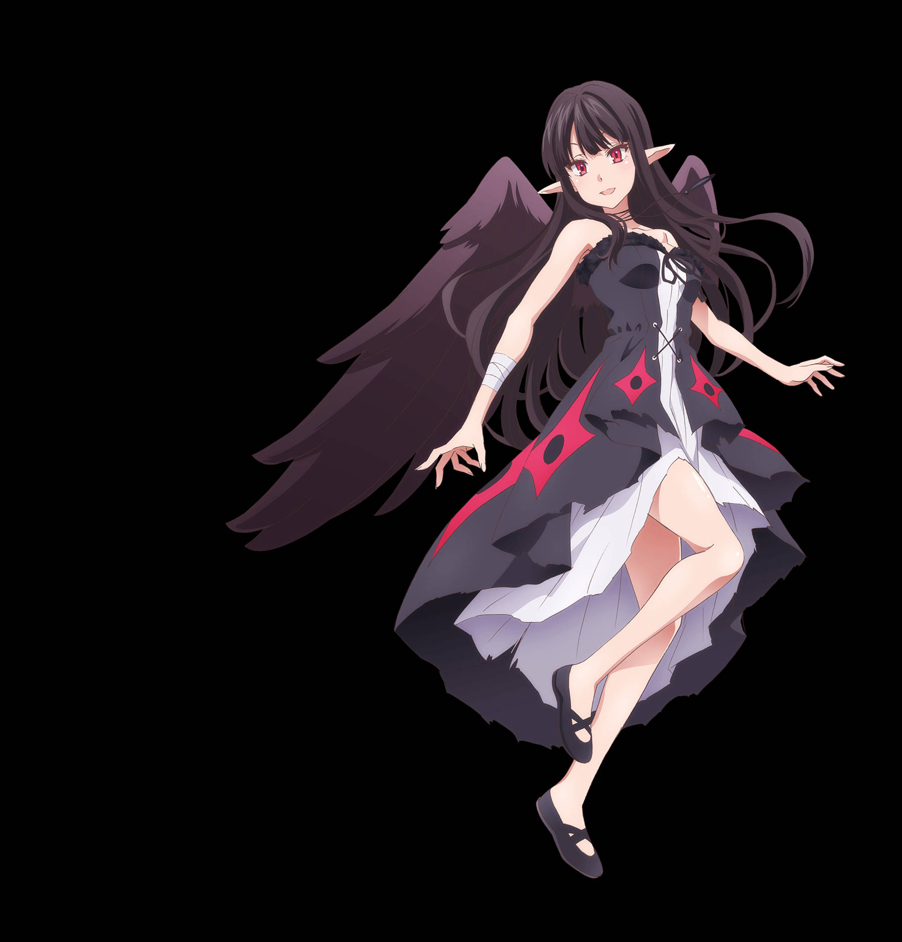 Healer 桌布 壁紙 — 一個擁有黑色翅膀和紅色眼睛的動漫女孩，穿著帶有紅色點綴的黑白連衣裙，在純黑色背景上優雅地漂浮。