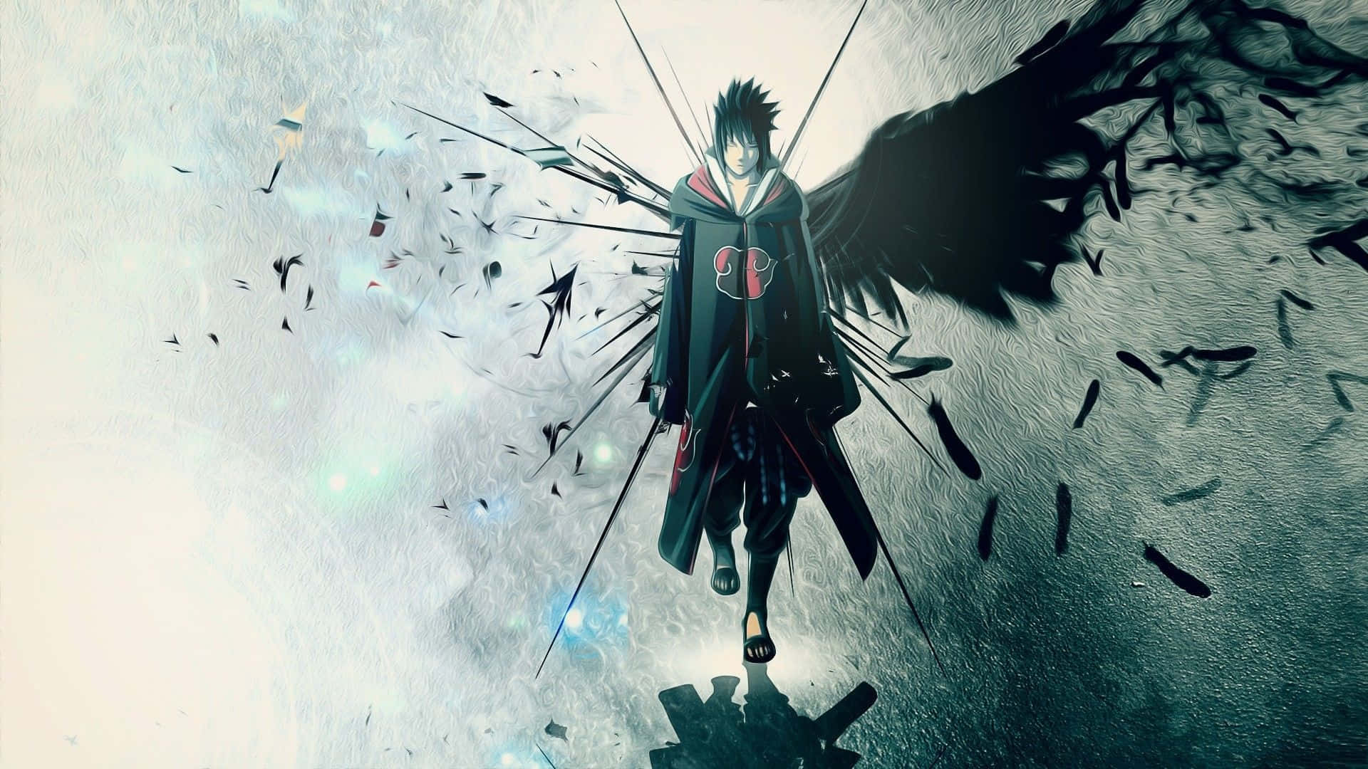 sasuke uchiha 桌布 壁紙 — 一個擁有黑色翅膀和紅色雲朵斗篷的動漫角色，在暴風雨的灰色天空下站在破碎的瓦礫中。