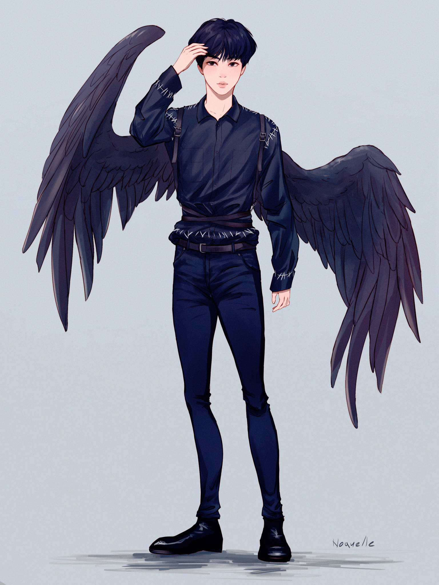 Bts Black Aesthetic 桌布 壁紙 — 一個擁有黑色翅膀的年輕男子自信地站立在全身動漫插圖中，背景為純色。