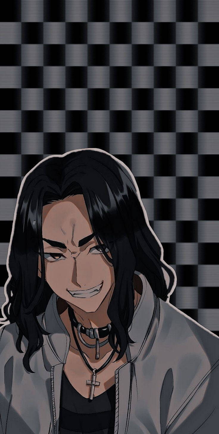 動漫男孩 桌布 壁紙 — 一個擁有黑色長髮和冷笑的動漫角色站在黑白格紋背景前。