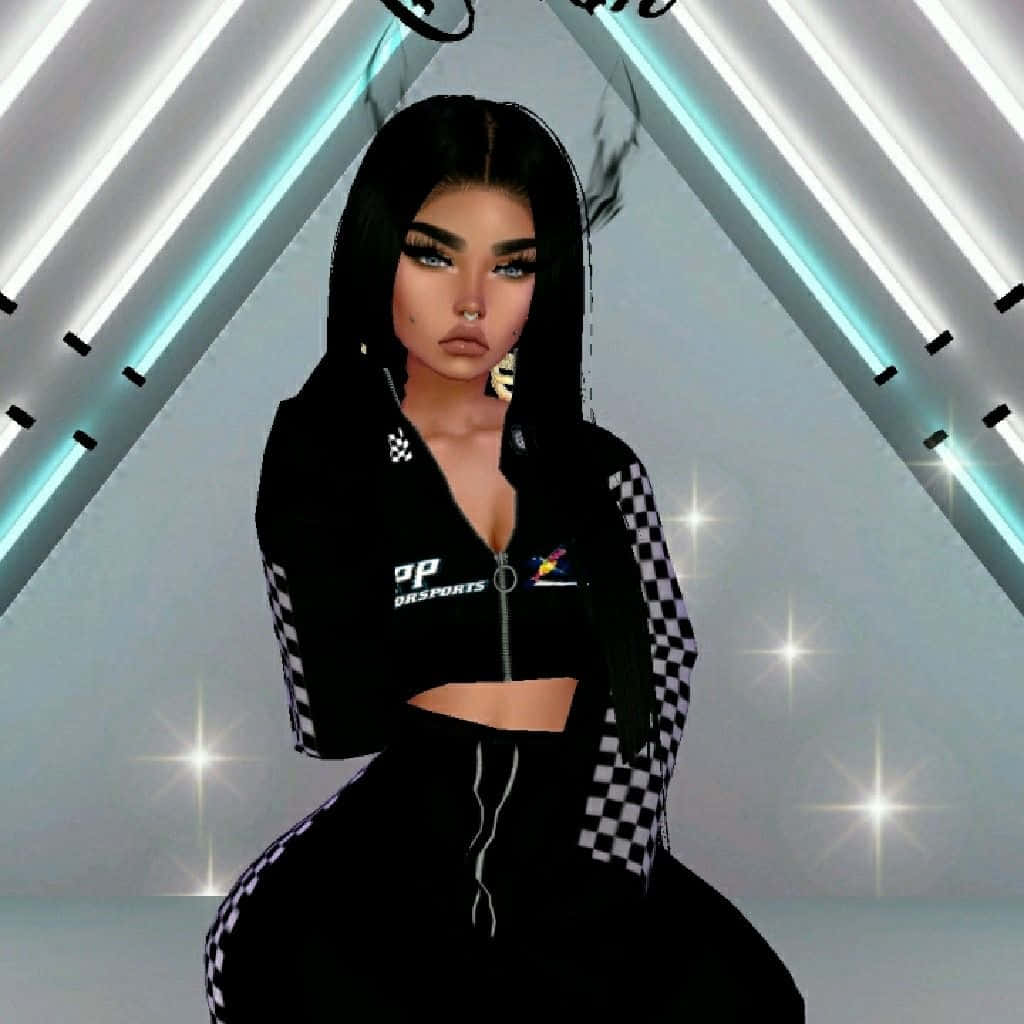 imvu 桌布 壁紙 — 一個擁有黑色長髮和鮮豔妝容的數位虛擬人物，自信地穿著黑色格紋賽車服，背景是發光的霓虹三角形。