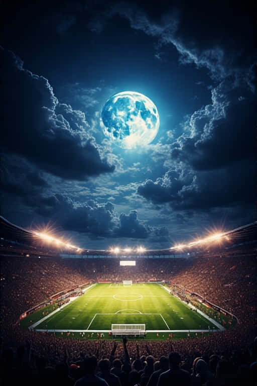 Dramatic Moonlit Soccer Stadium 壁紙 — 一個擠滿人的足球場，在一個巨大的發光月亮下，周圍環繞著烏雲。