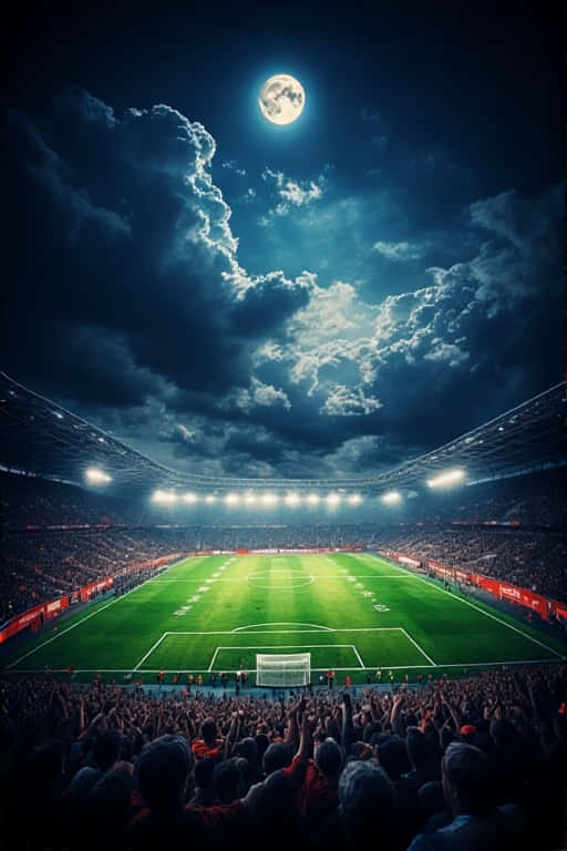 Dramatic Moonlit Soccer Stadium 壁紙 — 一個擠滿人的足球場，在明亮的滿月下，伴隨著戲劇性的雲層和發光的泛光燈照亮綠色球場。