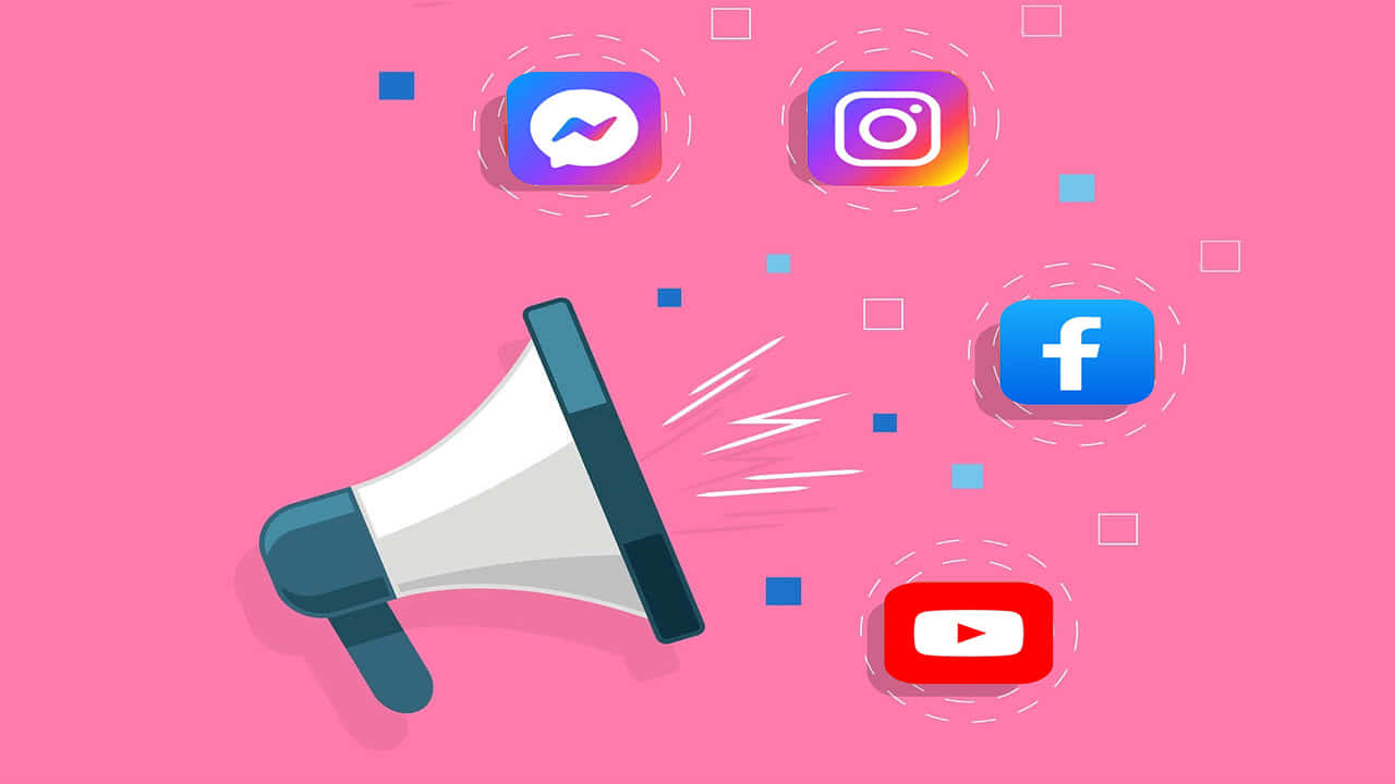 Social Media Logos 桌布 壁紙 — 一個擴音器在鮮豔的粉紅色背景上噴射出社交媒體圖示，以平面數位藝術呈現。