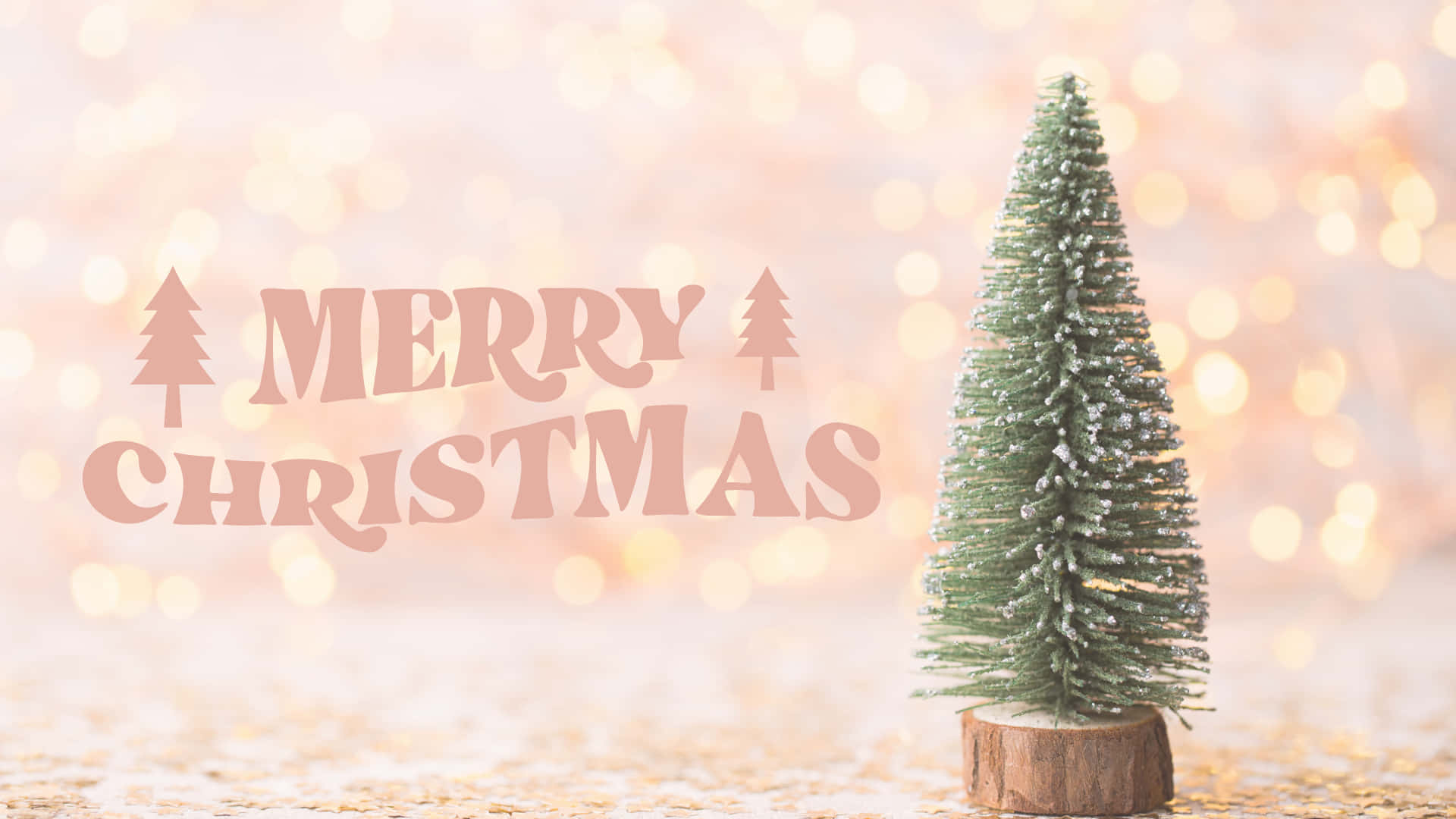 美學 桌布 壁紙 — 一個放在木底座上的小霜凍松樹，旁邊是「Merry Christmas」文字，背景是溫暖的散景。