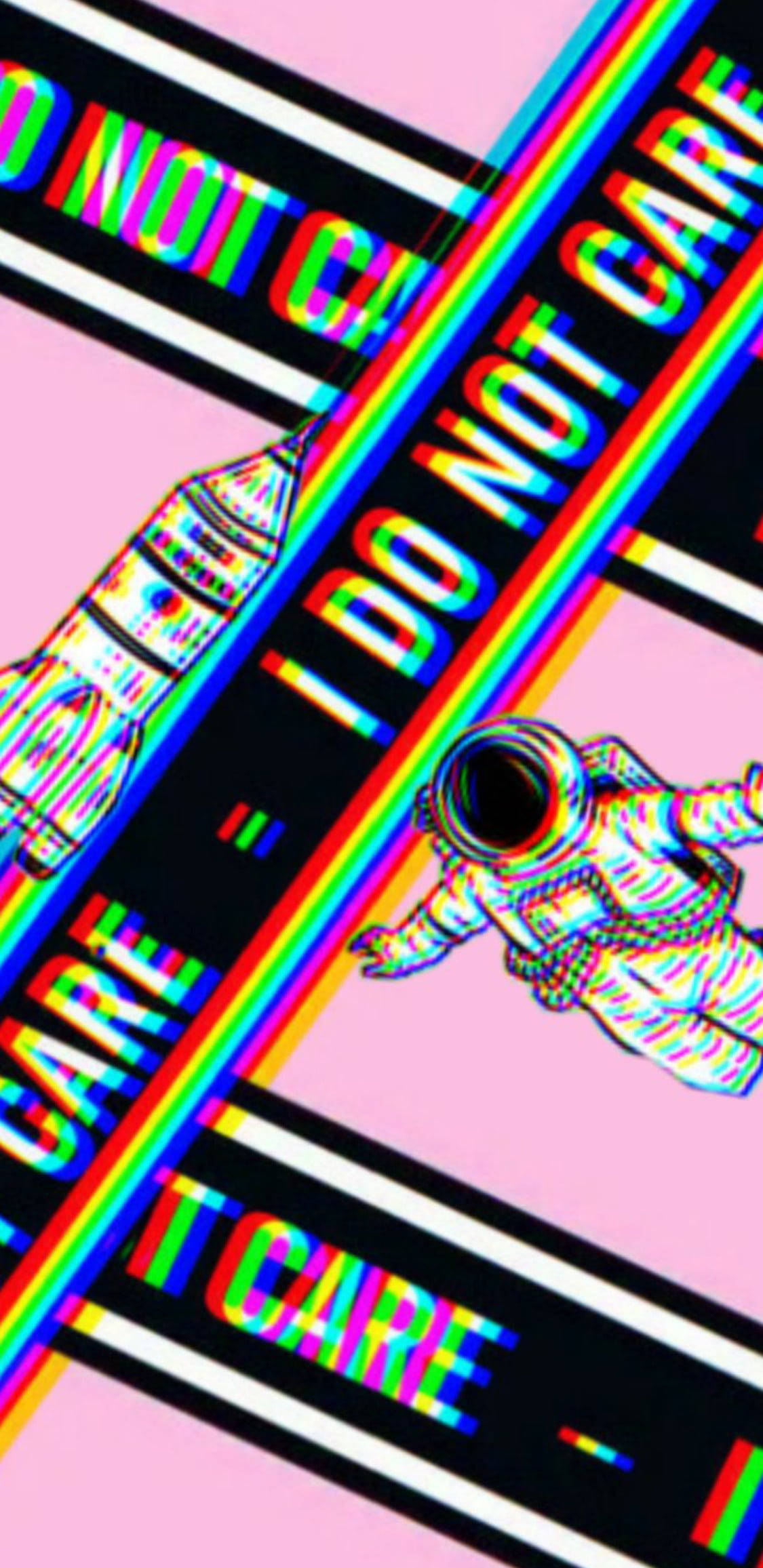 I Dont Care 桌布 壁紙 — 一個故障的太空人漂浮經過一支火箭，火箭上有「I DO NOT CARE」文字，呈現彩虹色差效果，背景為粉紅色。