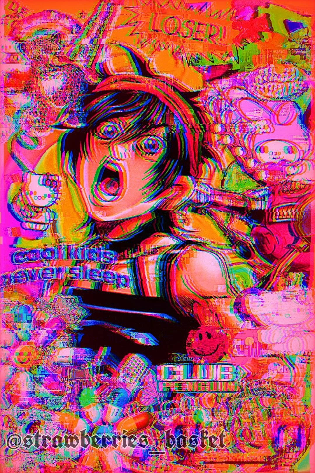 藝術 桌布 壁紙 — 一個故障藝術風格的動漫角色在混亂的霓虹混沌中尖叫，帶有 Hello Kitty 和 Club Penguin 標誌。