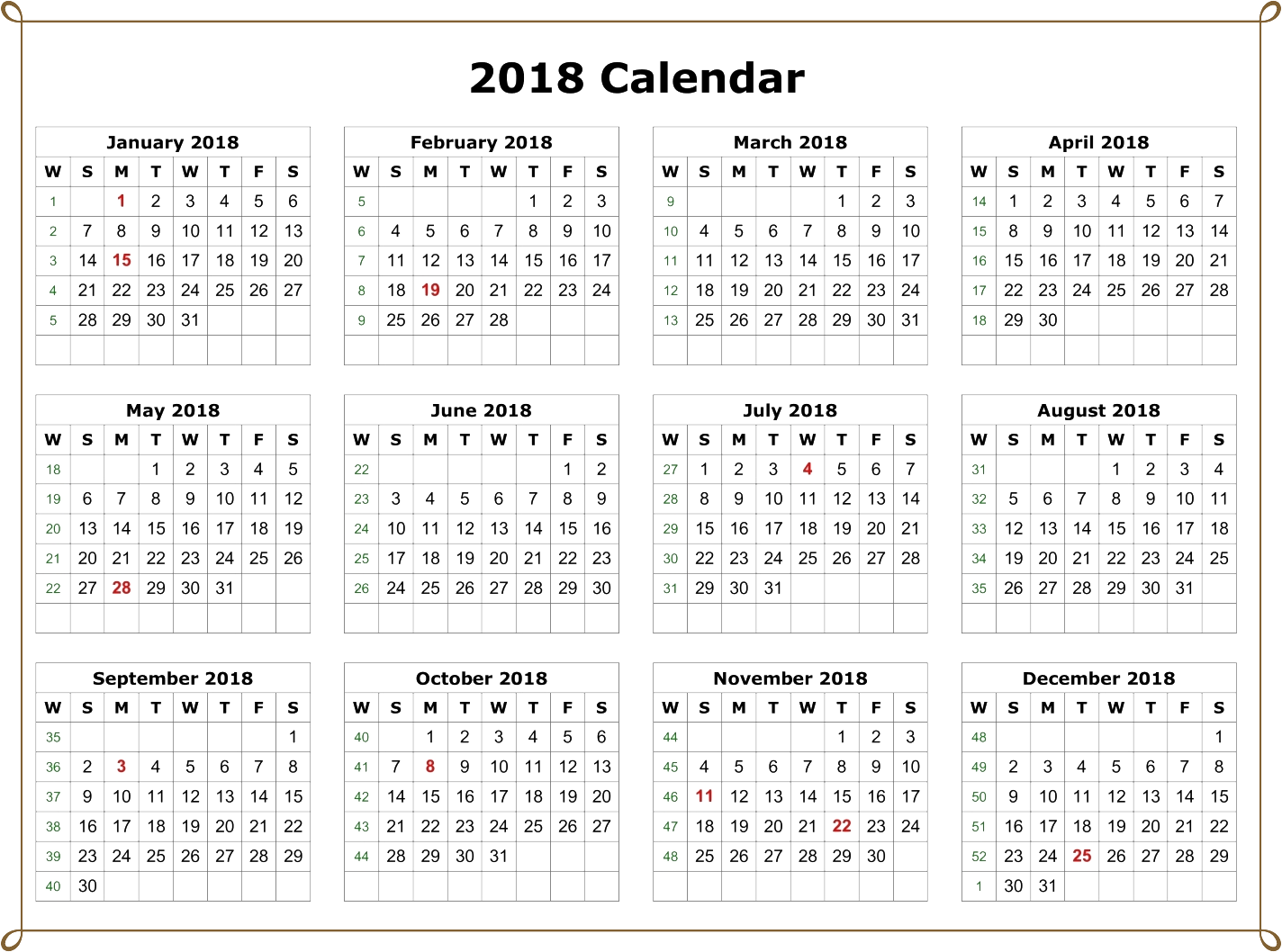 剪貼畫 桌布 壁紙 — 一個整潔的2018年日曆網格，包含十二個月份佈局，以極簡表格格式顯示日期。