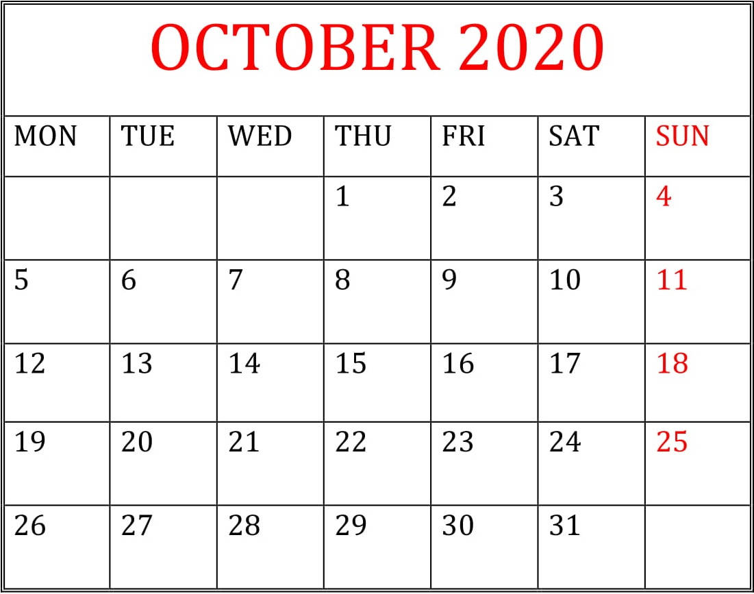 October 2020 Calendar 桌布 壁紙 — 一個整潔的2020年10月日曆網格，帶有紅色標題和以紅色突出顯示的星期日日期。