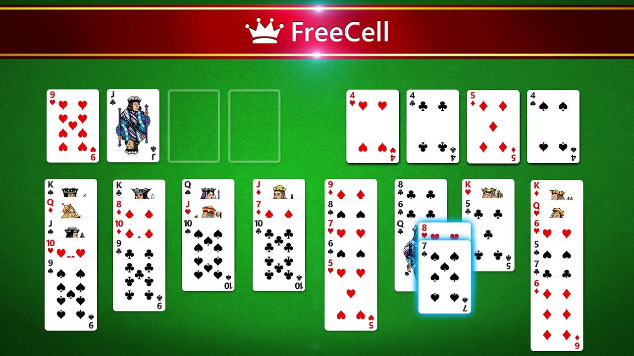 FreeCell接龍遊戲介面，卡片在綠色絨布背景上。 — Microsoft 壁紙
