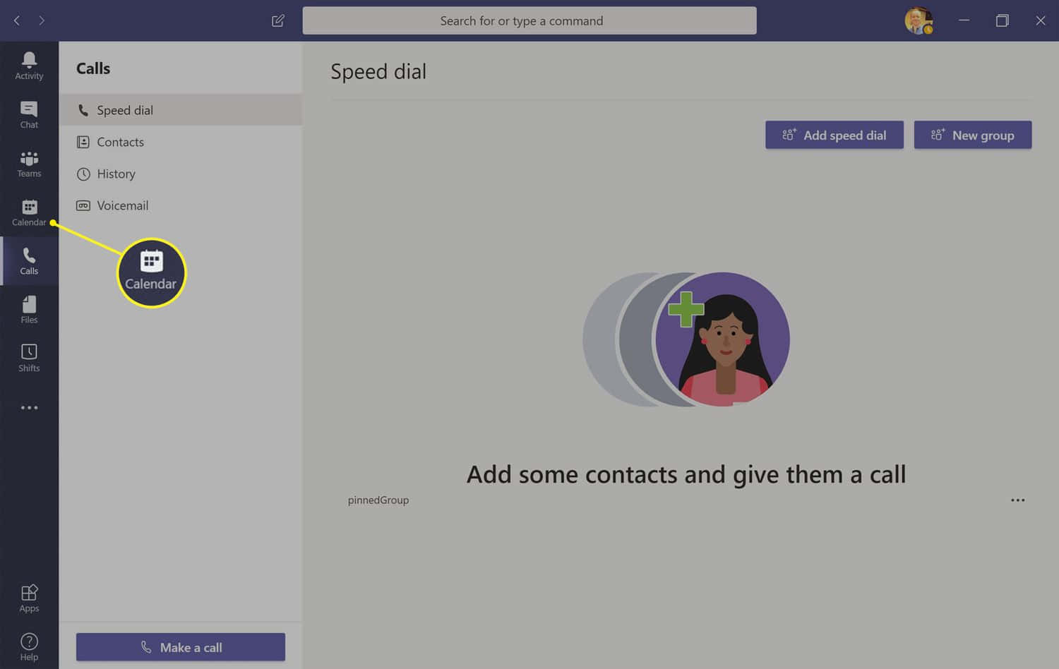 Microsoft Teams 桌布 壁紙 — 一個數位介面，在側邊欄中顯示一個日曆圖示，旁邊是一個帶有卡通頭像的快速撥號螢幕。