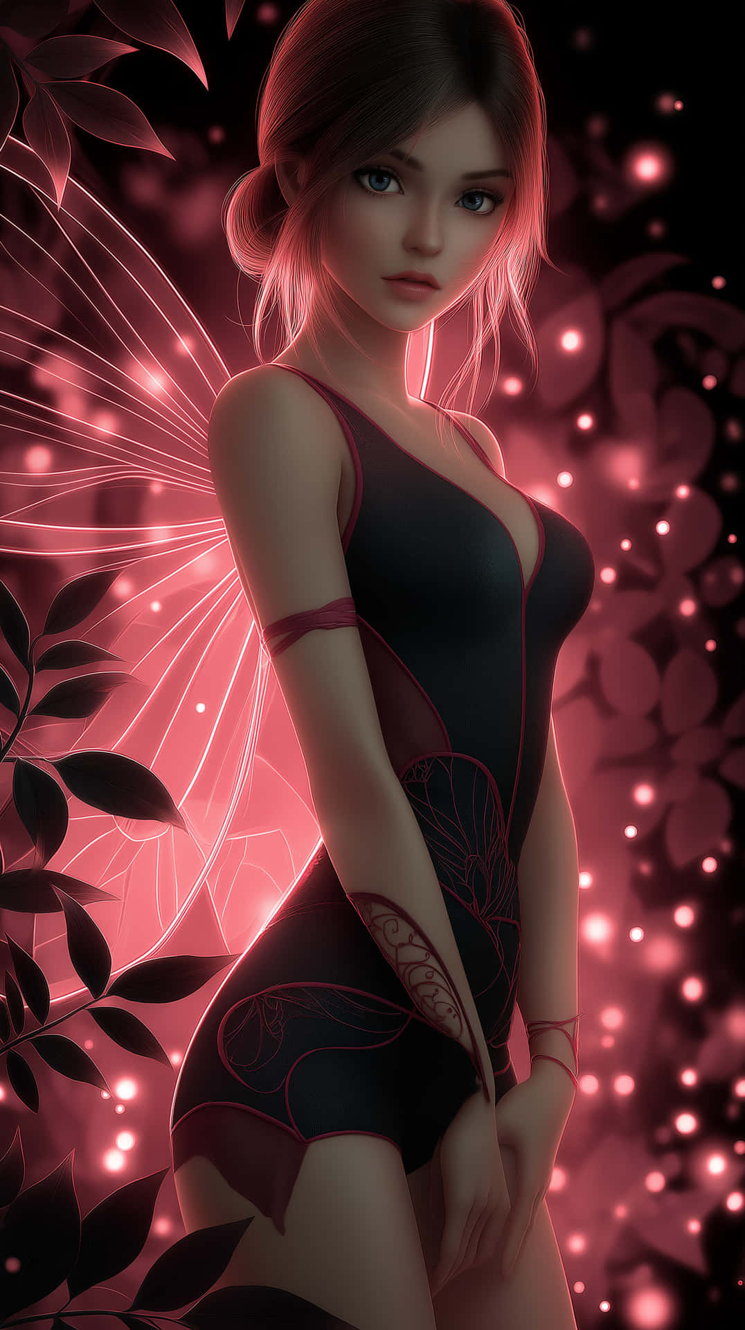 Enchanting Neon Pink Dark Fairy in Mystical Forest 壁紙 — 一個數位仙子，擁有發光的粉紅色翅膀和深色花卉服裝，站在燦爛的粉紅色燈光和剪影葉子之間。