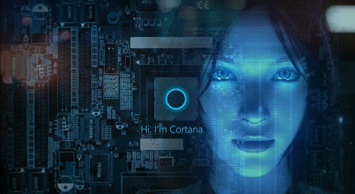 Halo Cortana 桌布 壁紙 — 一個數位全息圖 Cortana 從發光的藍色電路板介面中浮現，帶有未來感的 UI 元素。