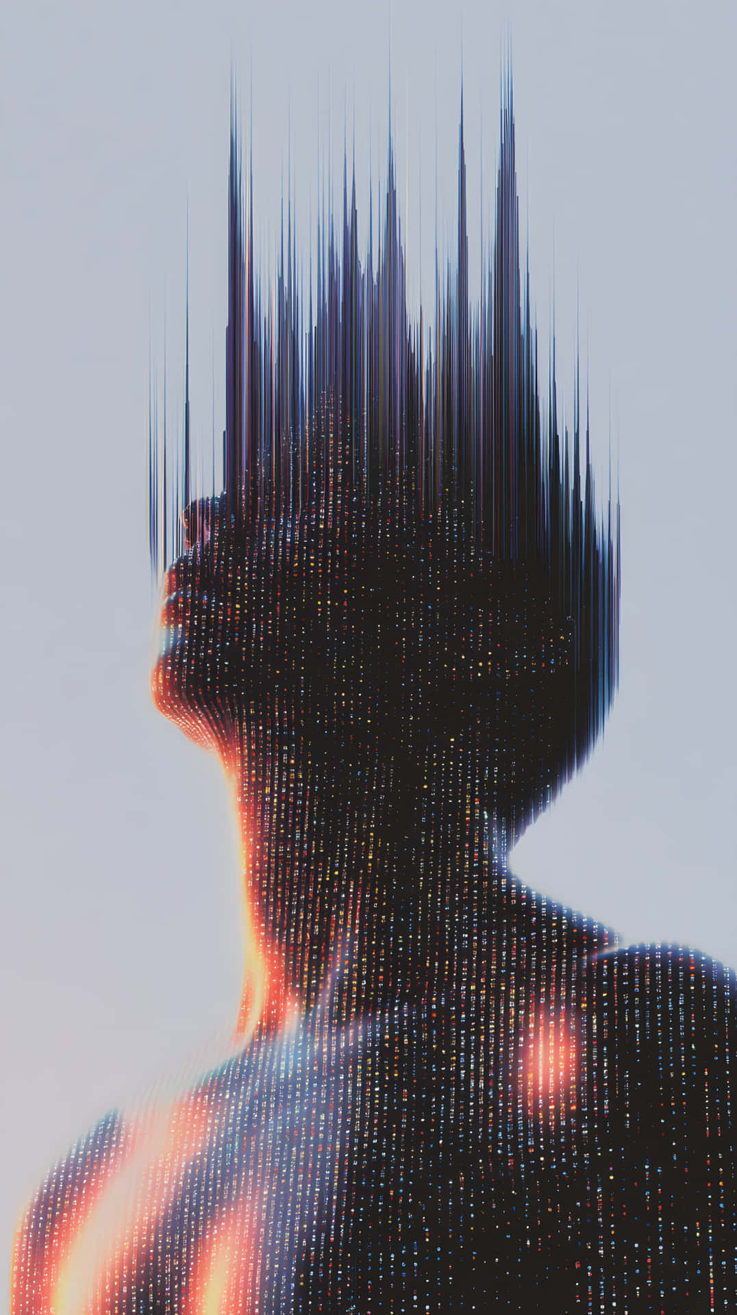 Digital portrait glitch hair upward gaze 壁紙 — 一個數位剪影，呈現人類頭部和肩膀，帶有發光的橙色粒子和尖銳的黑色尖刺，背景為淡藍色。