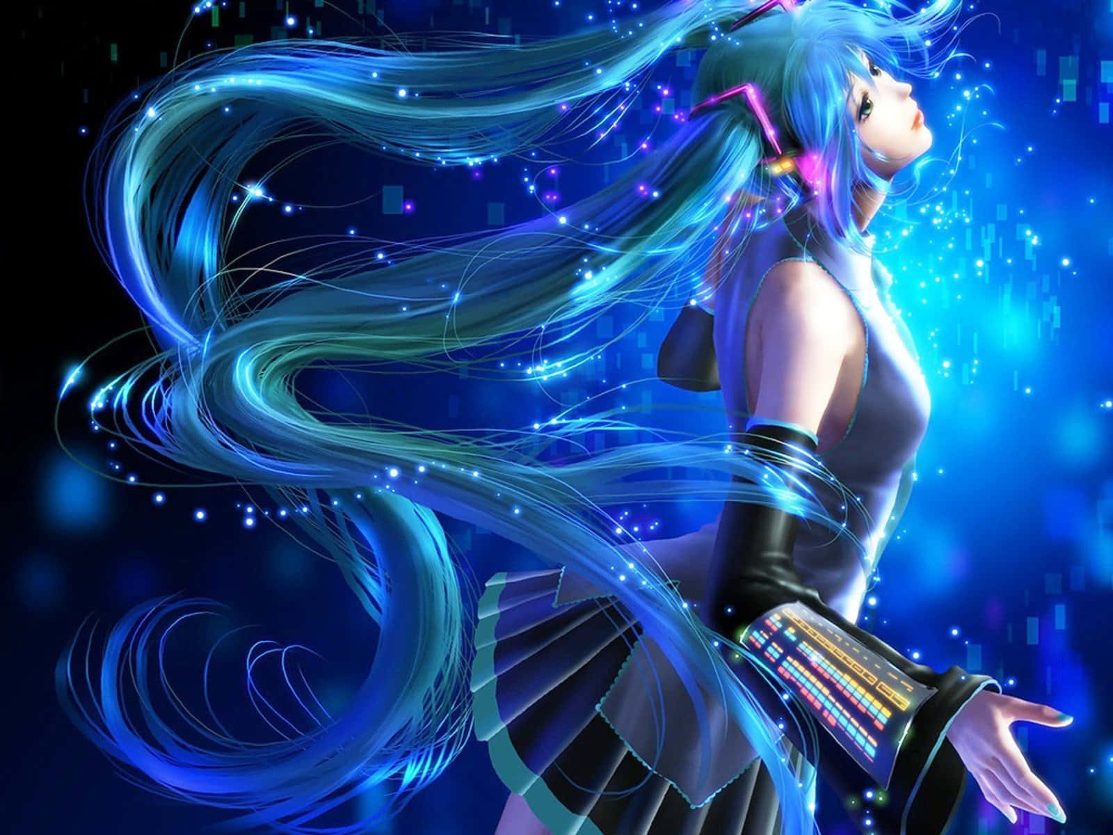 初音未來 桌布 壁紙 — 一個數位動漫女孩，擁有發光的藍色頭髮和未來風格的裝備，站在深藍色背景上閃爍的粒子之間。